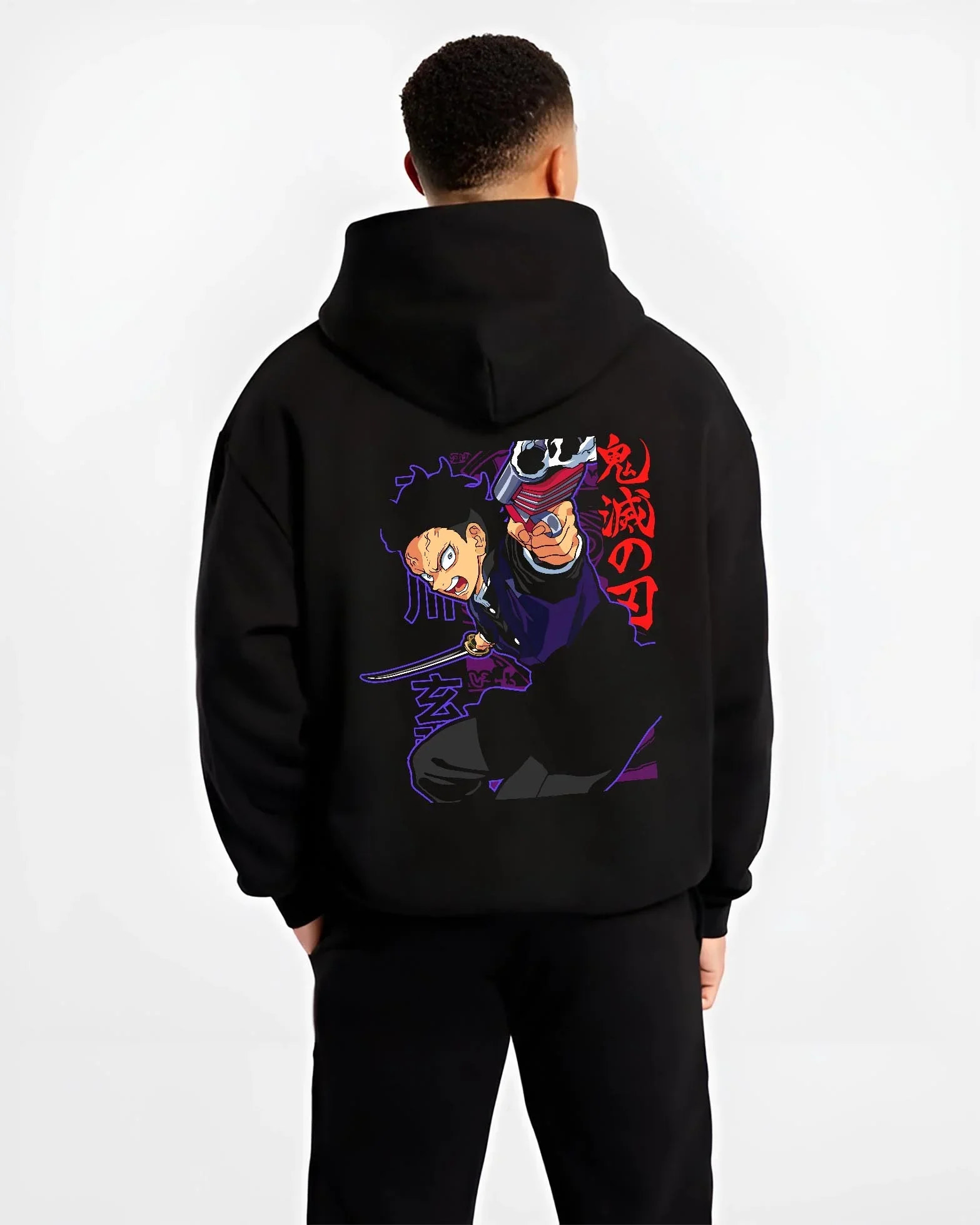 Black hoodie worn by male model, back view with Demon Slayer Hoodie Gyomei Himejima Stone Jumper graphic premium wear.