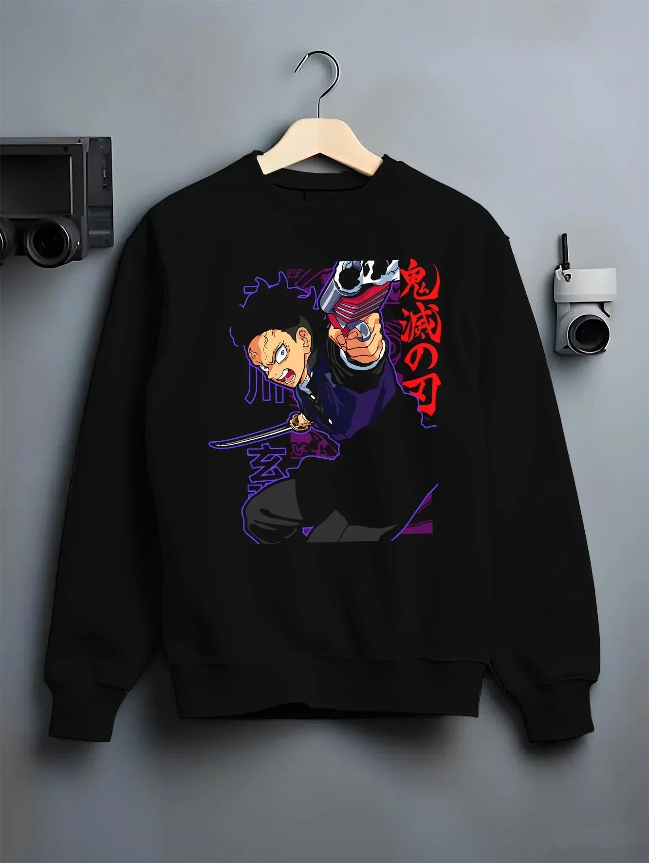 Black crewneck sweatshirt on hanger with Demon Slayer Hoodie Gyomei Himejima Stone Jumper graphic streetwear graphic.