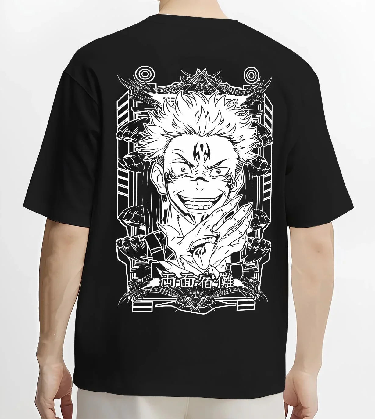 Black T-shirt worn by male model, back view with Jujutsu Kaisen Hoodie Sukuna Grin Domain Jumper graphic premium wear.