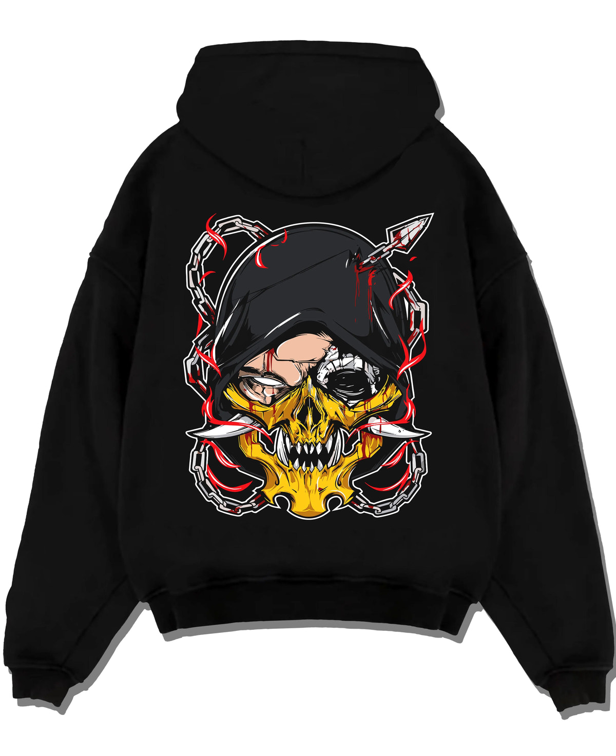 Black hoodie laid flat featuring Suguru Geto Jujutsu Kaisen hooded curse artwork.