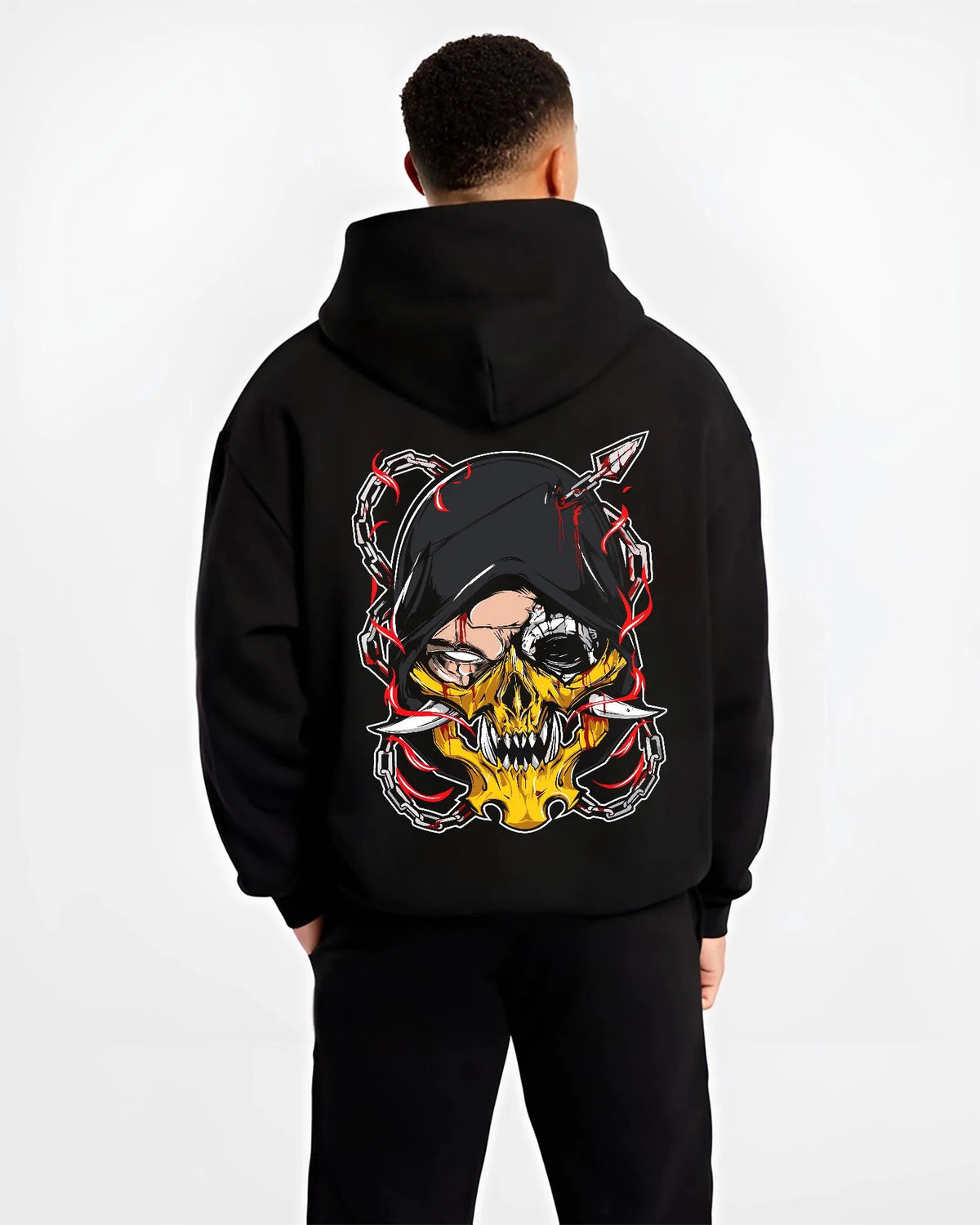 Black hoodie worn by male model from the back featuring Suguru Geto Jujutsu Kaisen hooded curse artwork.