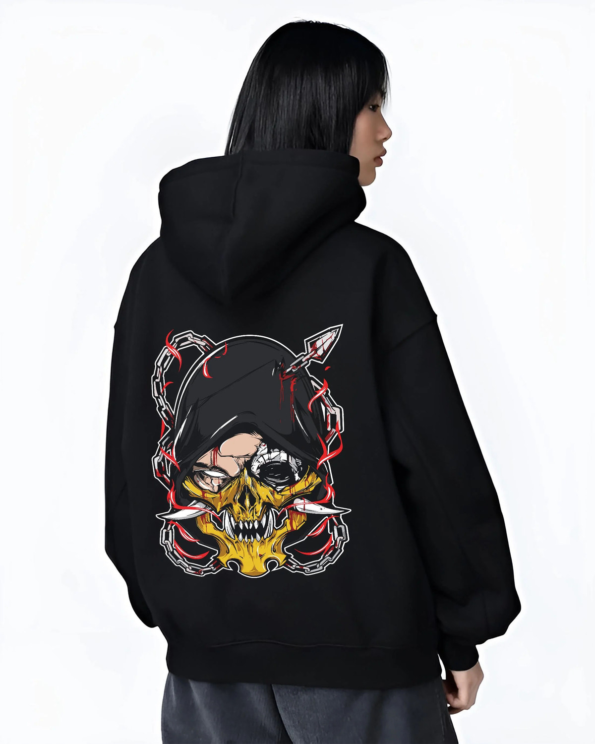 Black hoodie worn by female model from the back featuring Suguru Geto Jujutsu Kaisen hooded curse artwork.