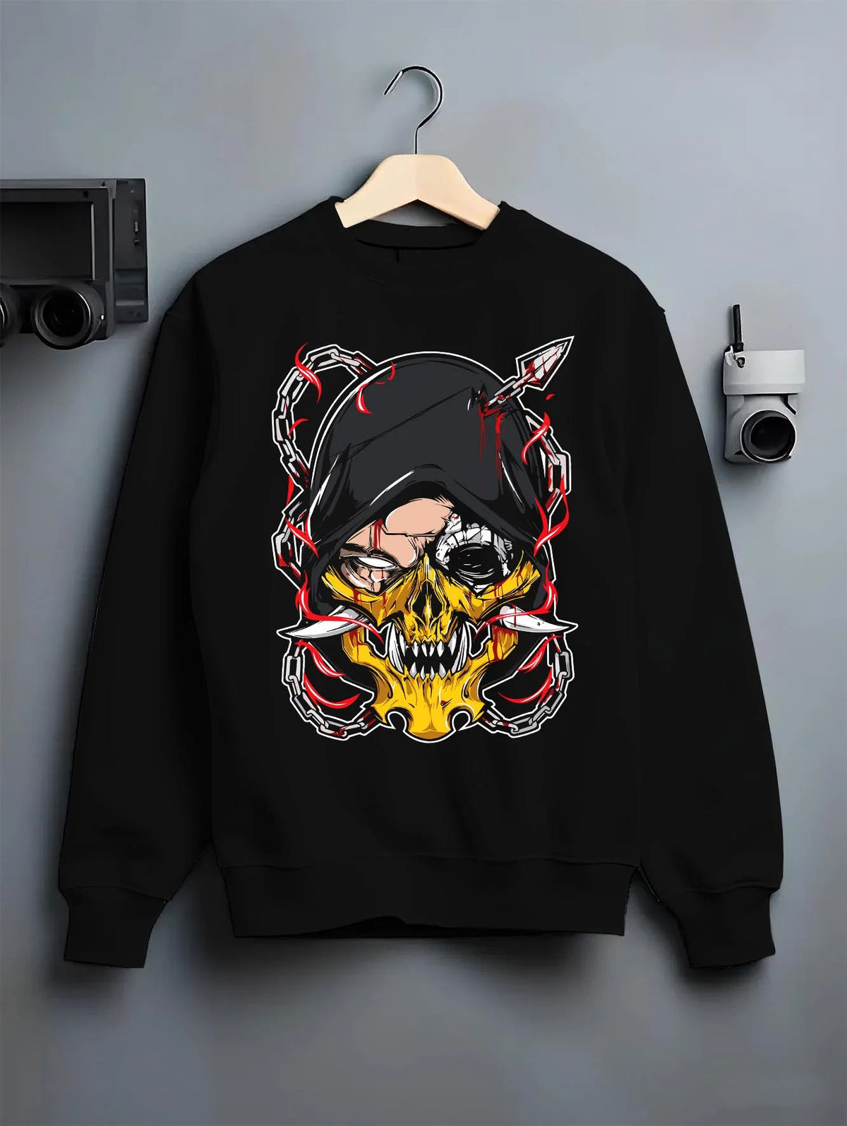 Black crewneck sweatshirt on hanger featuring Suguru Geto Jujutsu Kaisen hooded curse artwork.
