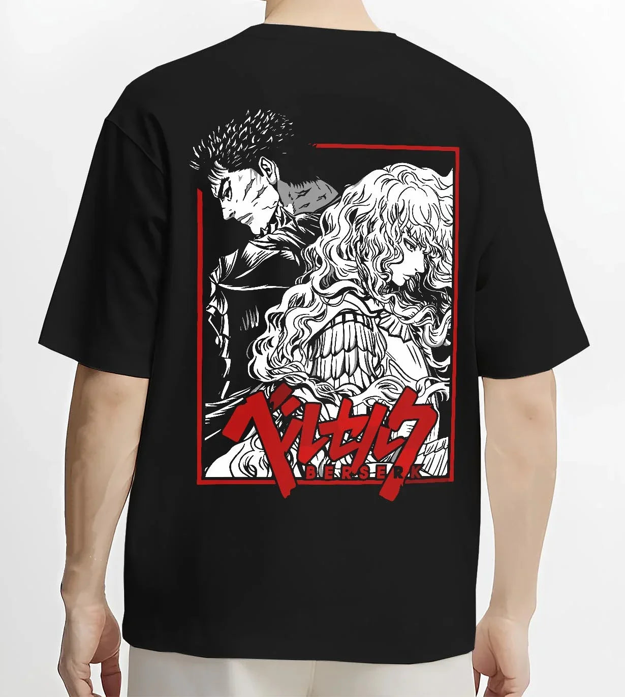 Black T-shirt worn by male model, back view with Guts Hoodie Berserk Dragonslayer Sword Battle Rage graphic bold anime graphic.