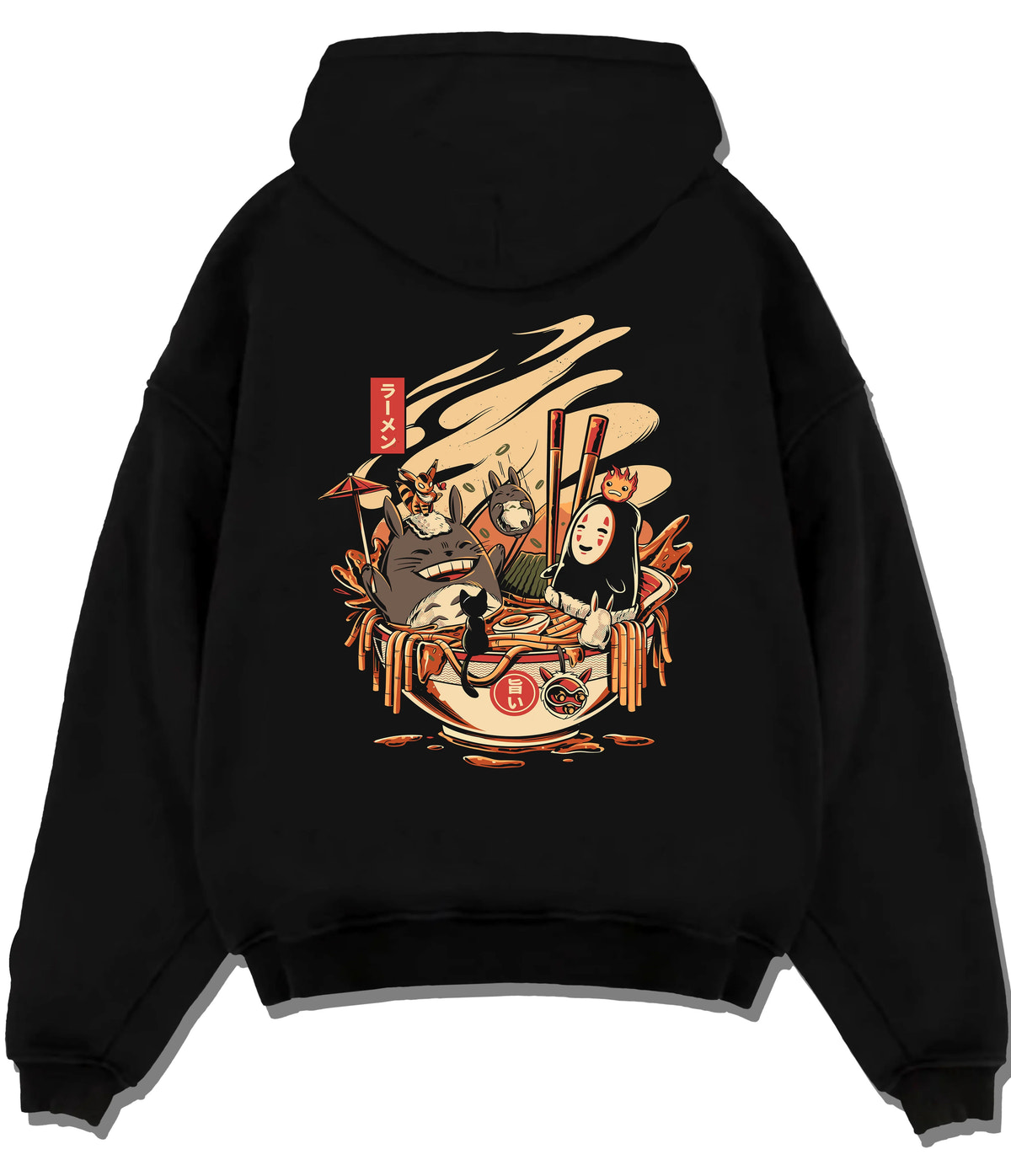 Black hoodie flat back view showing Totoro, No-Face, Calcifer from Studio Ghibli: ramen crossover