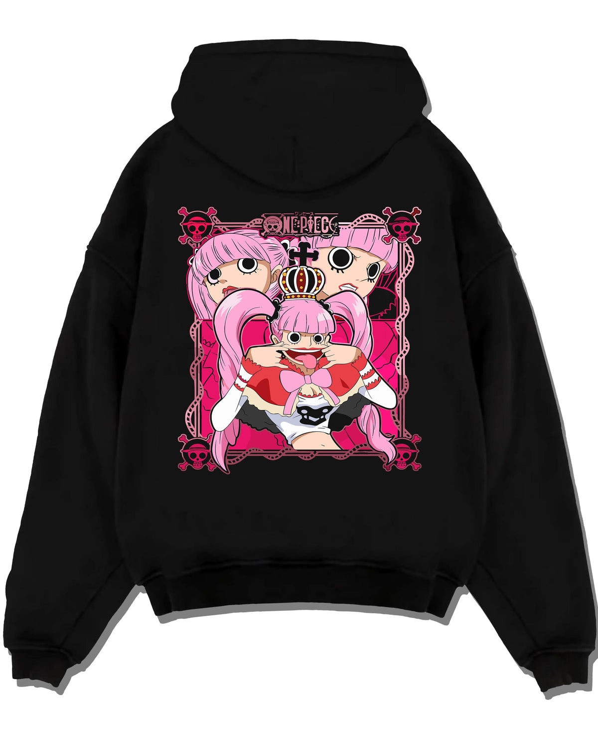 Black hoodie laid flat featuring Perona One Piece ghost princess artwork.