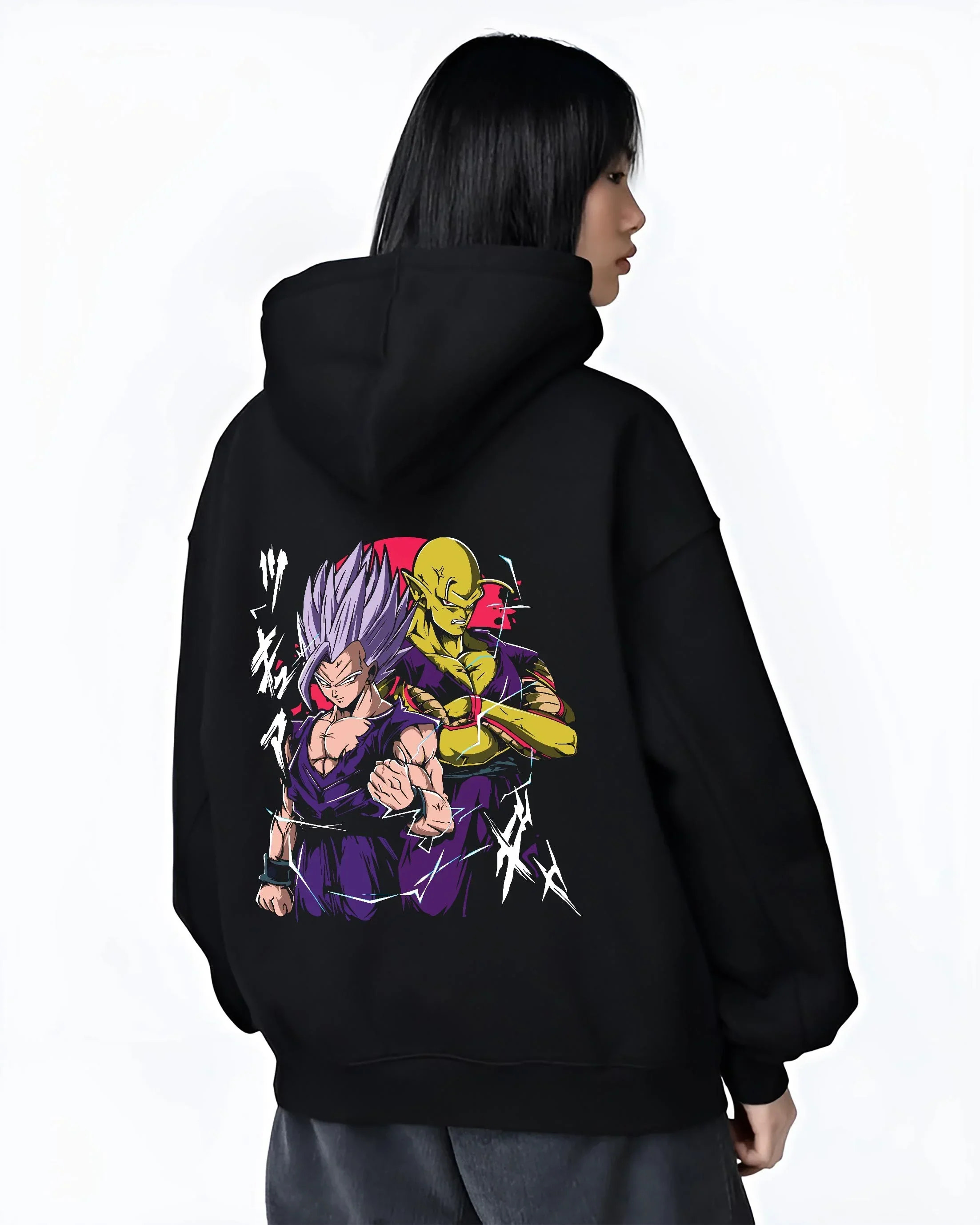 Black hoodie worn by female model, back view with Piccolo Hoodie Dragon Ball Z Purple Warrior Fusion graphic premium wear.