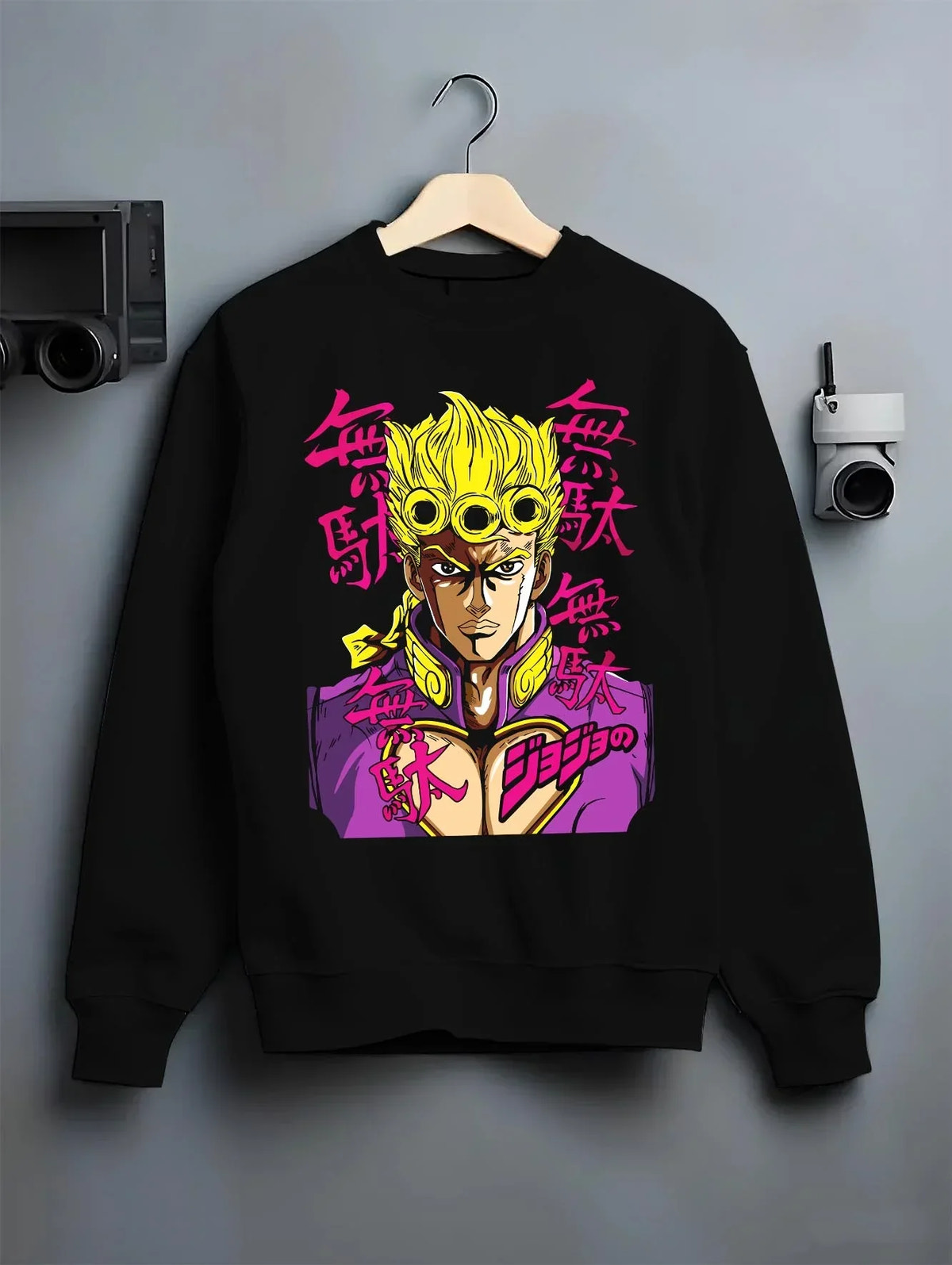 Black crewneck sweatshirt on hanger with JoJo’s Bizarre Adventure Hoodie Giorno Giovanna Jumper graphic bold anime graphic.
