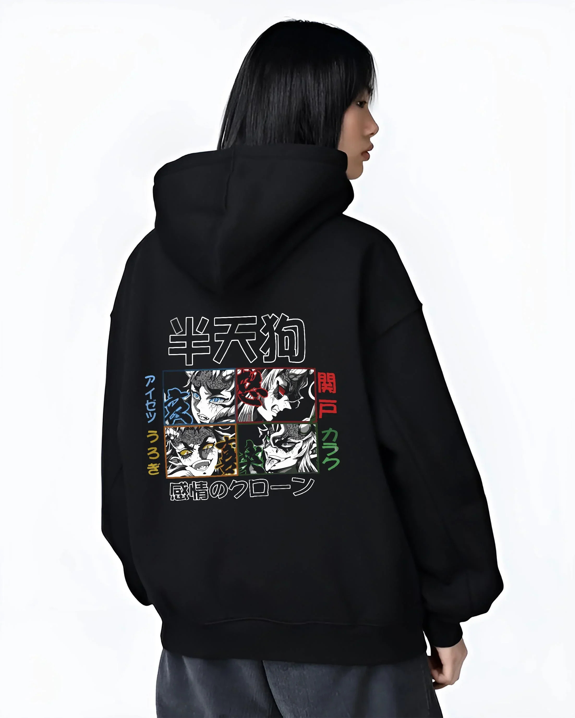 Black hoodie worn by female model, back view with Giyu Hoodie Demon Slayer Half Demon Clone Variant graphic premium wear.