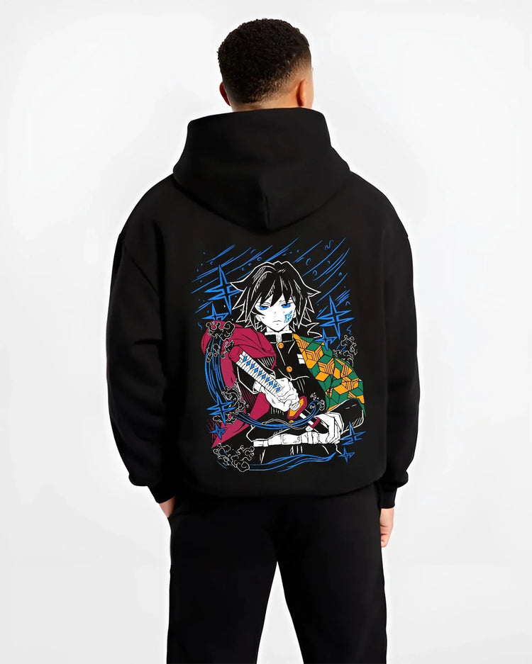 Black hoodie worn by male model, back view with Demon Slayer Hoodie Giyu Tomioka Water Hashira Jumper graphic streetwear graphic.