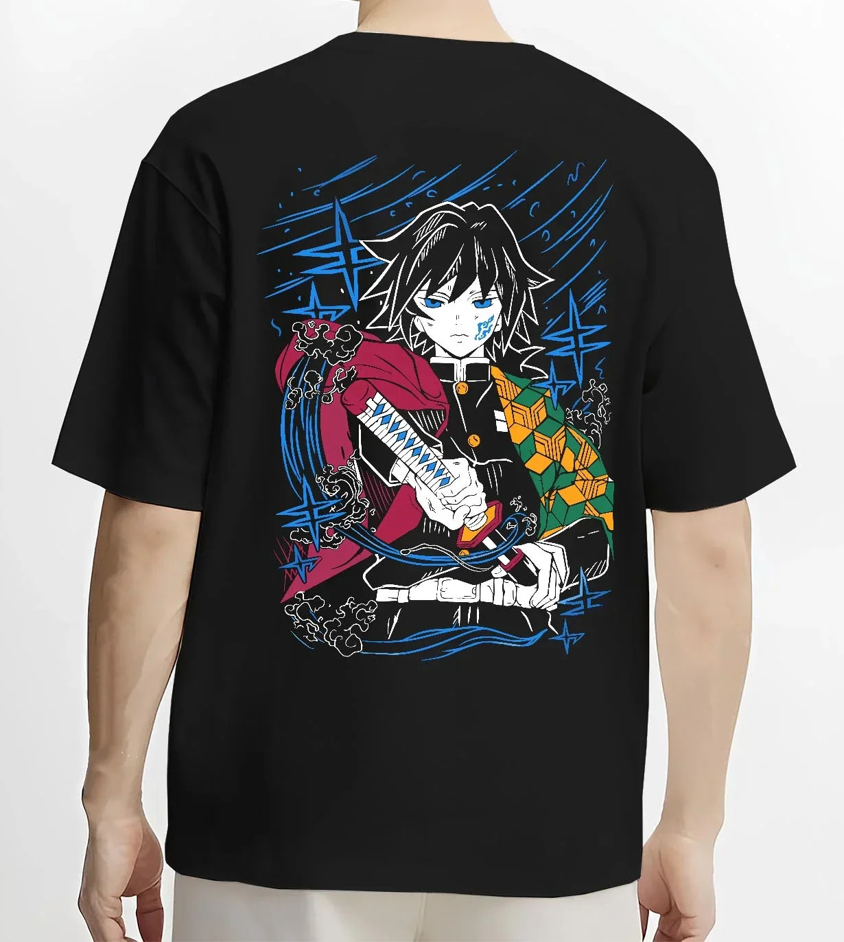 Black T-shirt worn by male model, back view with Demon Slayer Hoodie Giyu Tomioka Water Hashira Jumper graphic streetwear graphic.