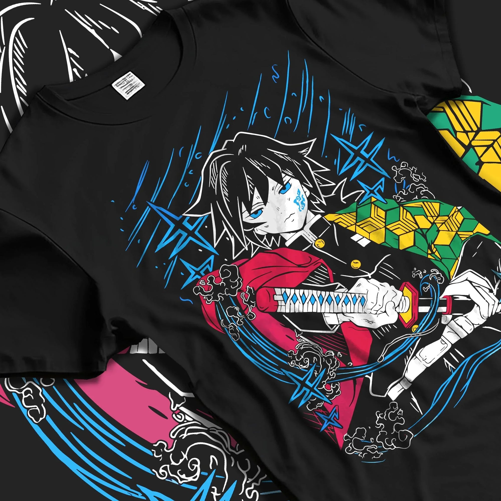 Black T-shirt laid flat with natural folds with Demon Slayer Hoodie Giyu Tomioka Water Hashira Jumper graphic streetwear graphic.