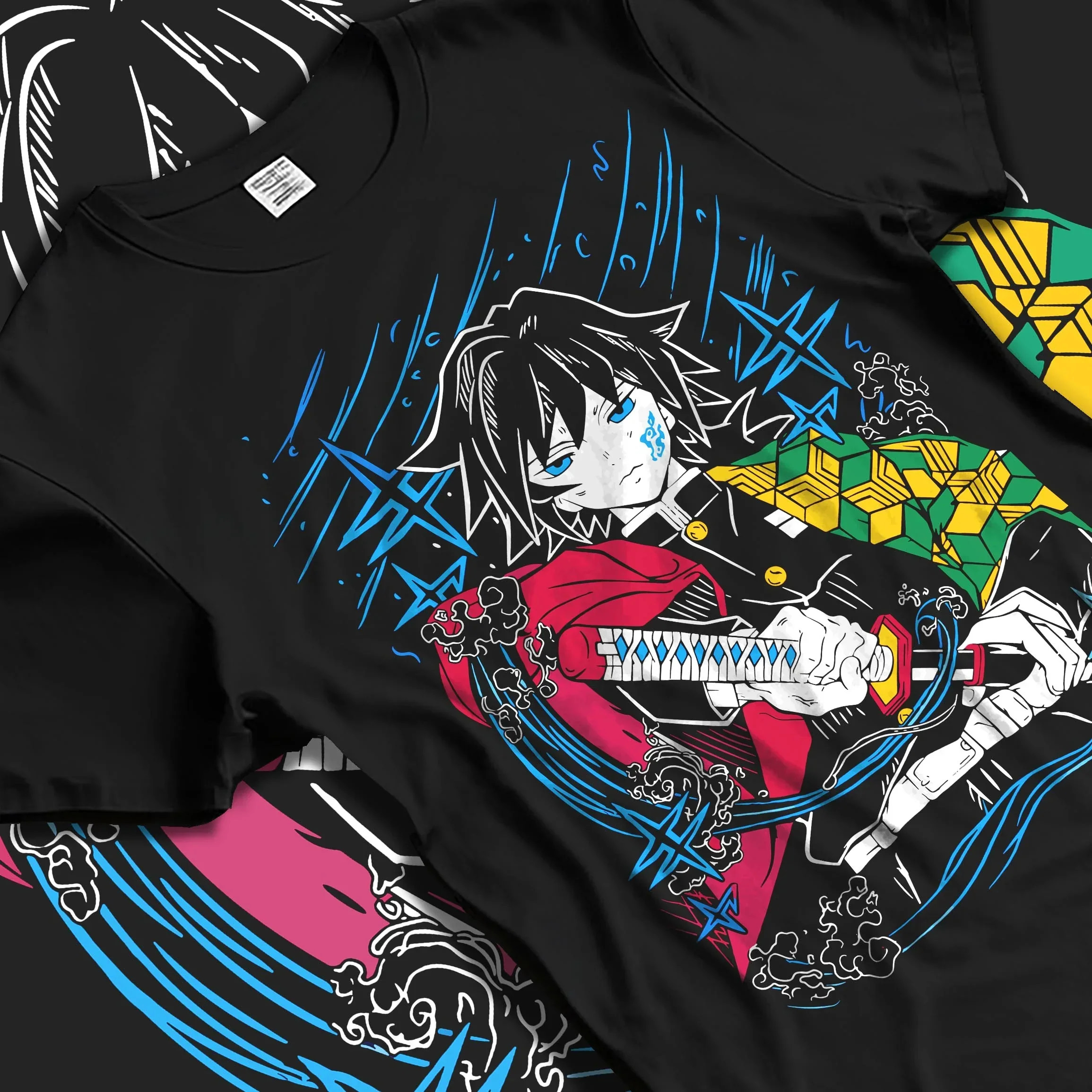 Black T-shirt laid flat with natural folds with Demon Slayer Hoodie Giyu Tomioka Water Hashira Jumper graphic streetwear graphic.