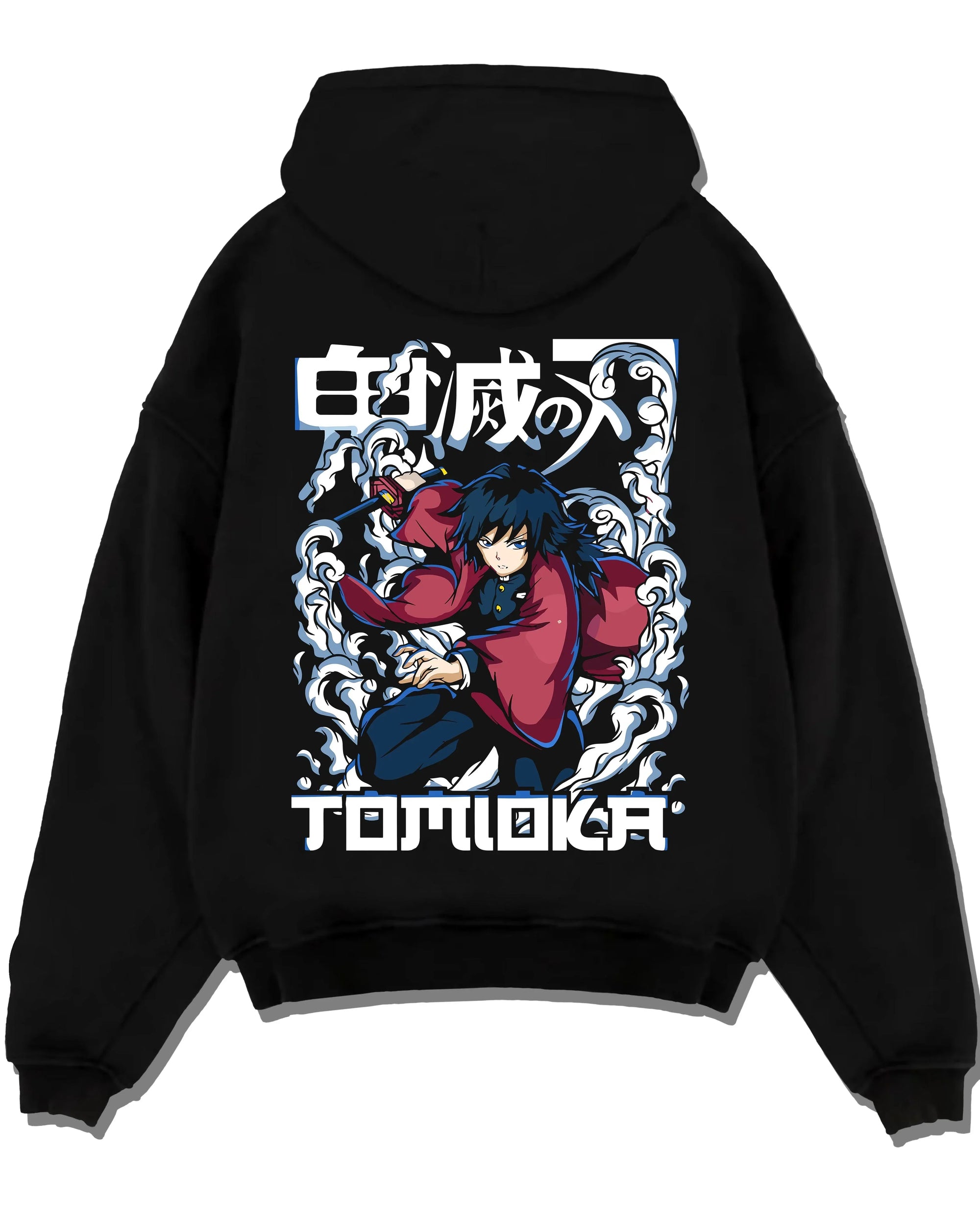 Black pullover hoodie laid flat with Demon Slayer Hoodie Giyu Tomioka Dynamic Pose Jumper graphic bold anime graphic.
