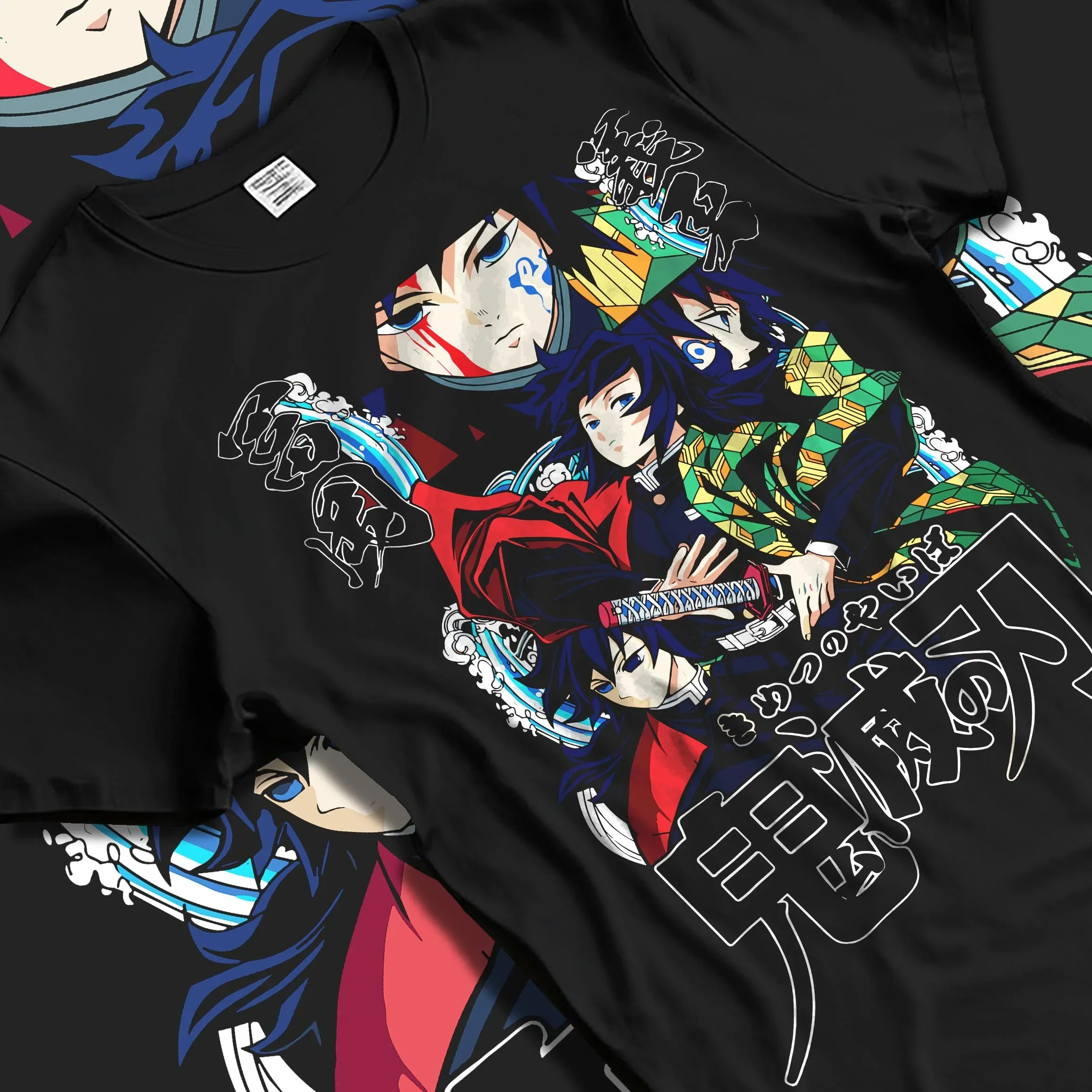Black T-shirt laid flat with natural folds with Demon Slayer Hoodie Giyu Tomioka Water Pillar Jumper graphic streetwear graphic.