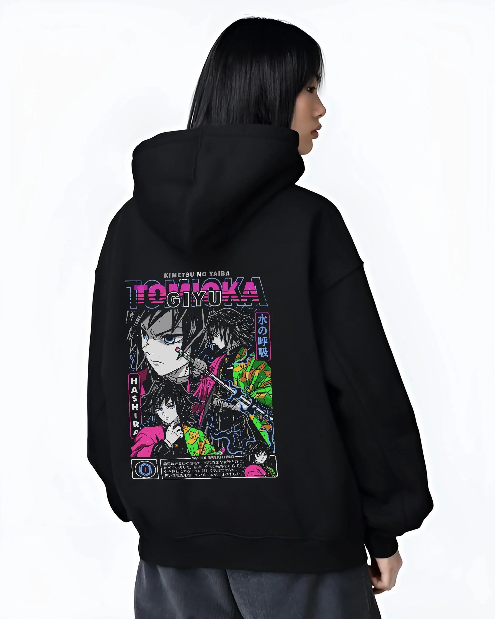 Black hoodie worn by female model, back view with Demon Slayer Hoodie Giyu Tomioka Hashira Guard Jumper graphic bold anime graphic.