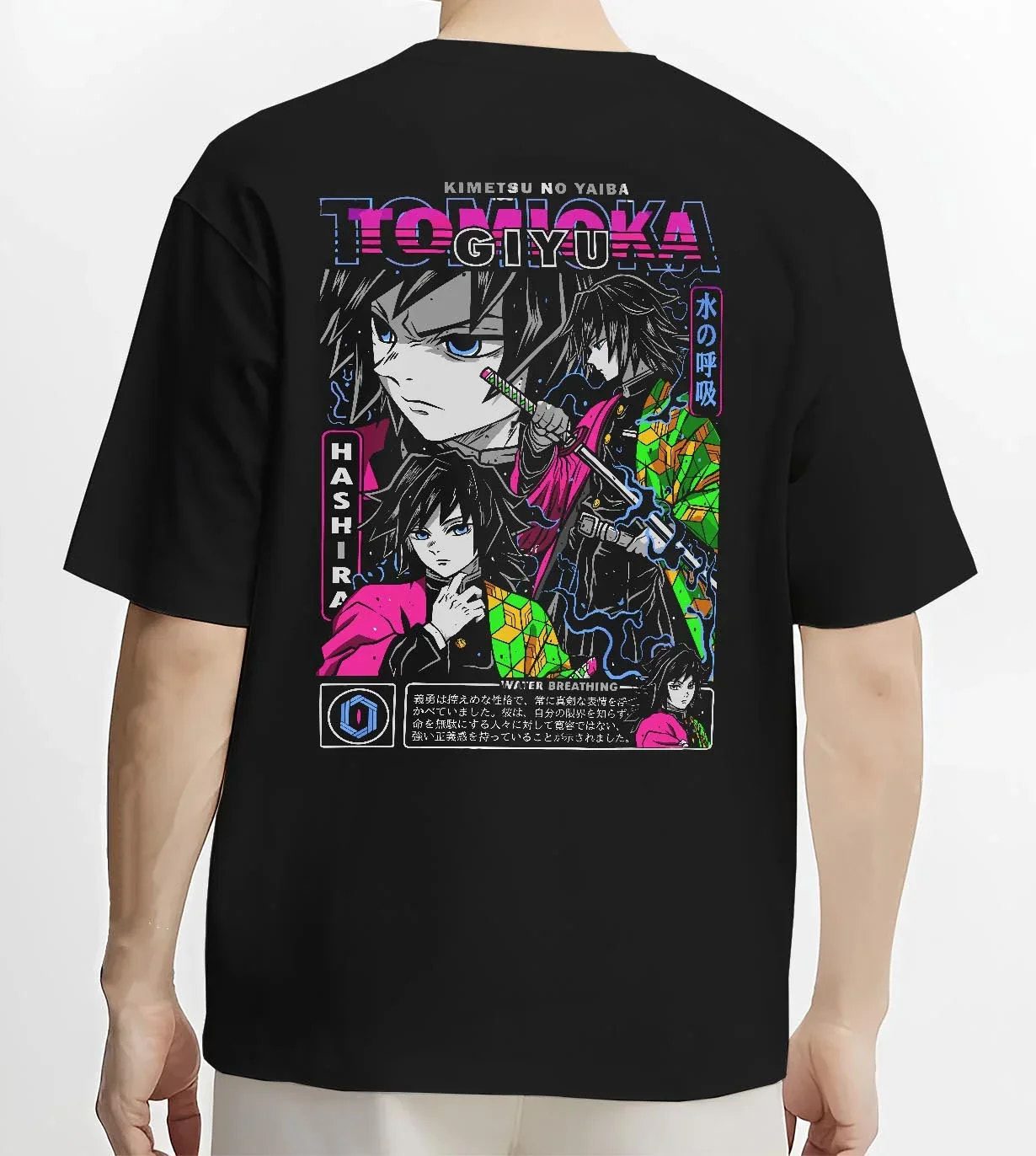 Black T-shirt worn by male model, back view with Demon Slayer Hoodie Giyu Tomioka Hashira Guard Jumper graphic bold anime graphic.
