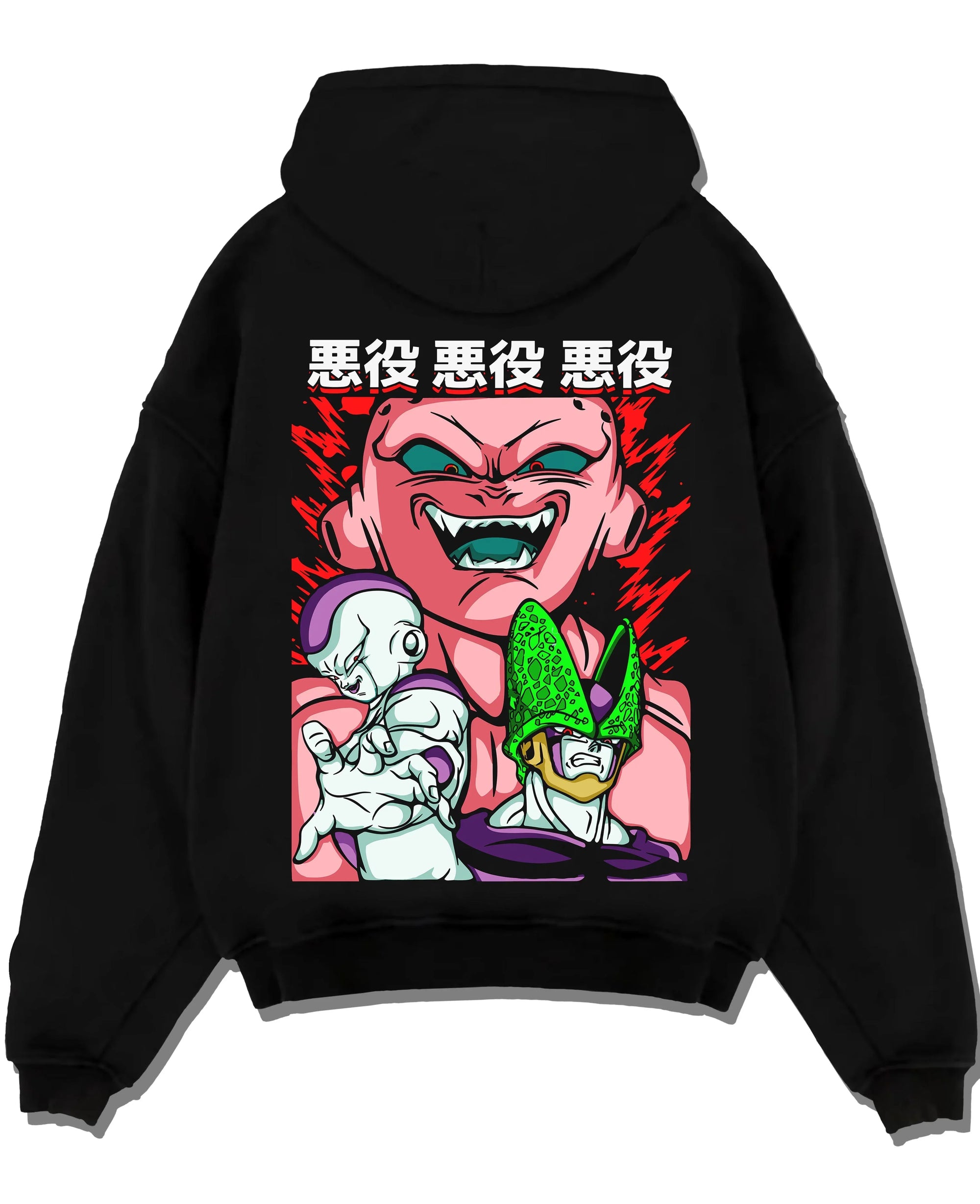 Black pullover hoodie laid flat with Kid Buu Hoodie Dragon Ball Z Majin Villain Form graphic premium wear.