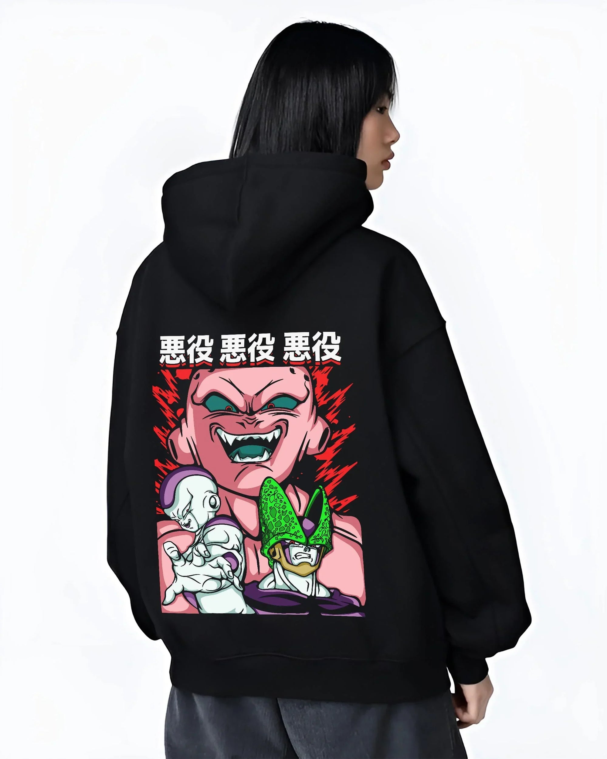 Black hoodie worn by female model, back view with Kid Buu Hoodie Dragon Ball Z Majin Villain Form graphic streetwear graphic.
