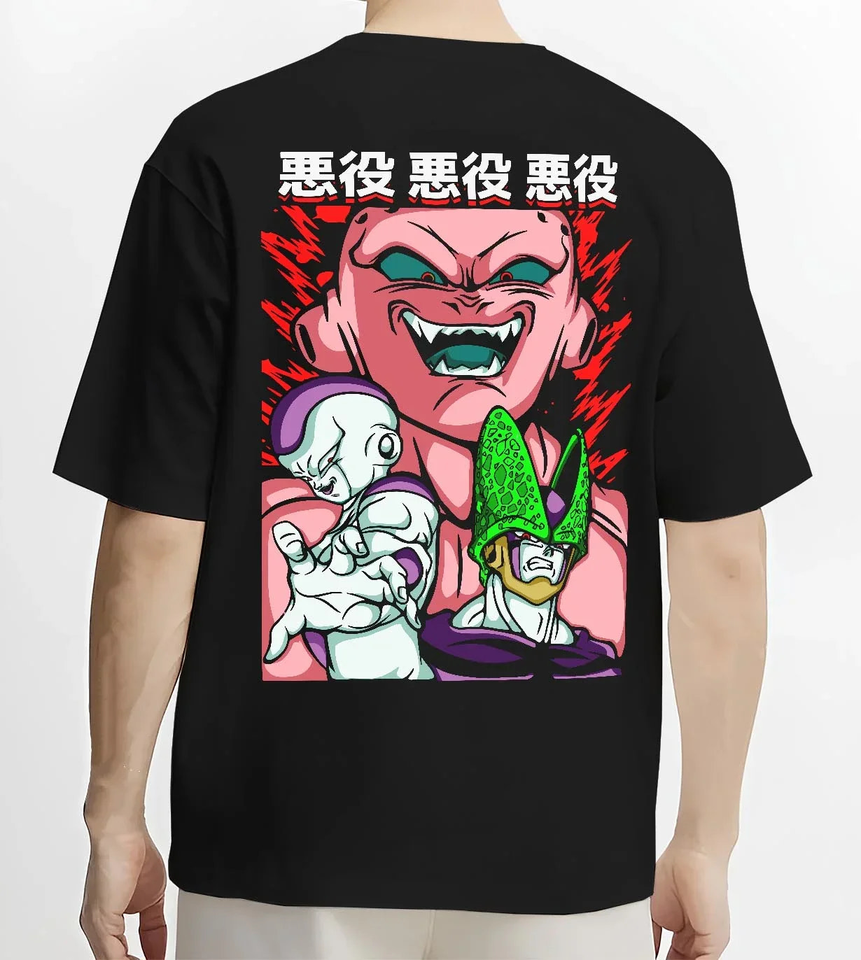 Black T-shirt worn by male model, back view with Kid Buu Hoodie Dragon Ball Z Majin Villain Form graphic premium wear.
