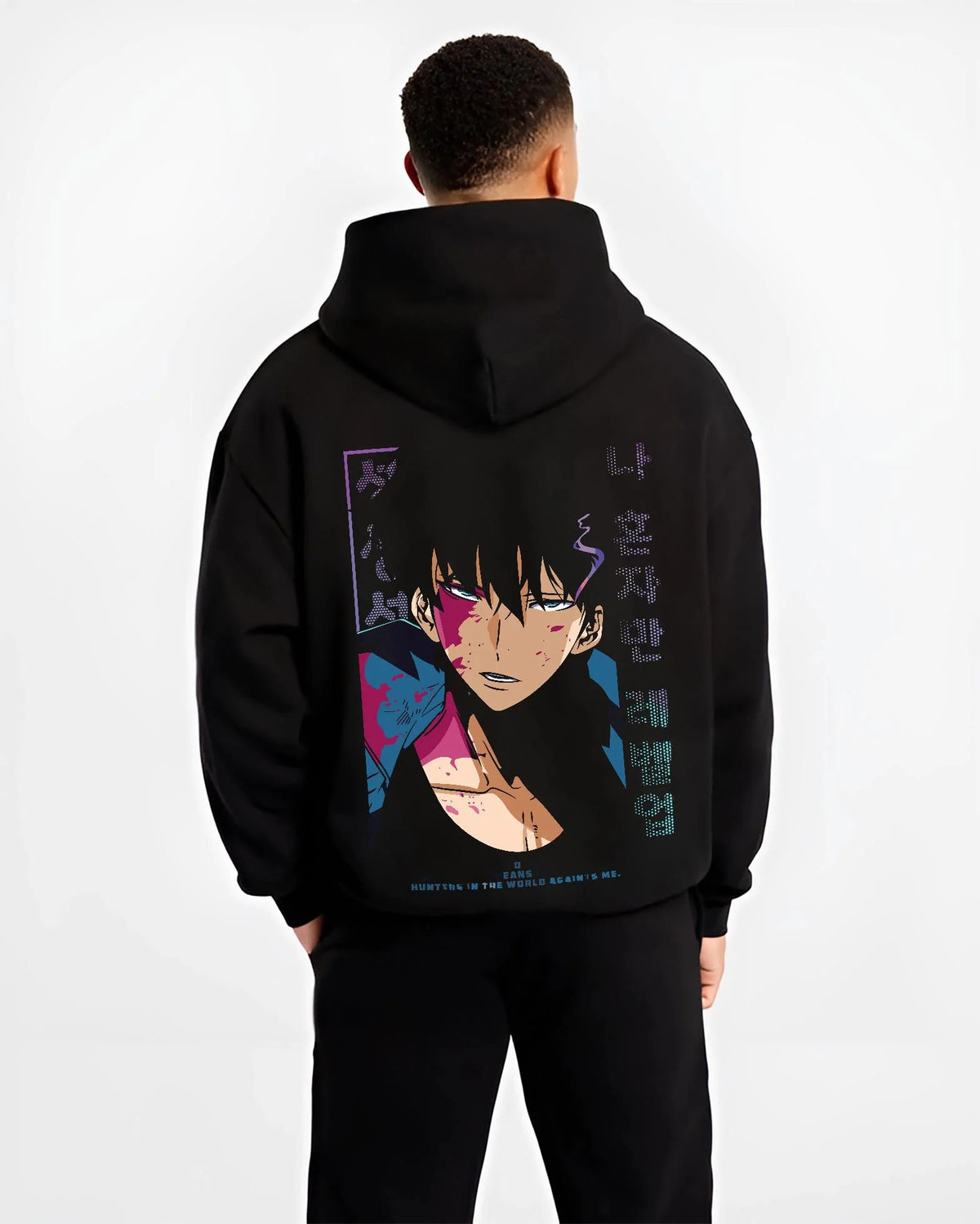Black hoodie worn by male model from the back featuring Mob Psycho 100 Shigeo Kageyama psychic energy artwork.