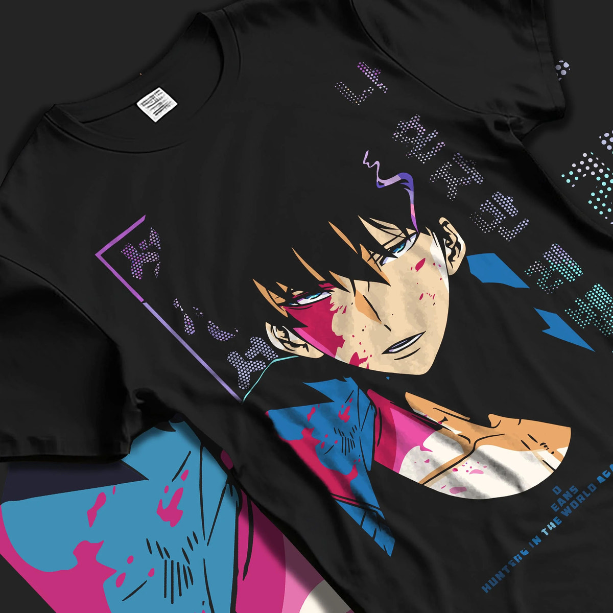 Black T-shirt laid flat with natural folds featuring Mob Psycho 100 Shigeo Kageyama psychic energy artwork.