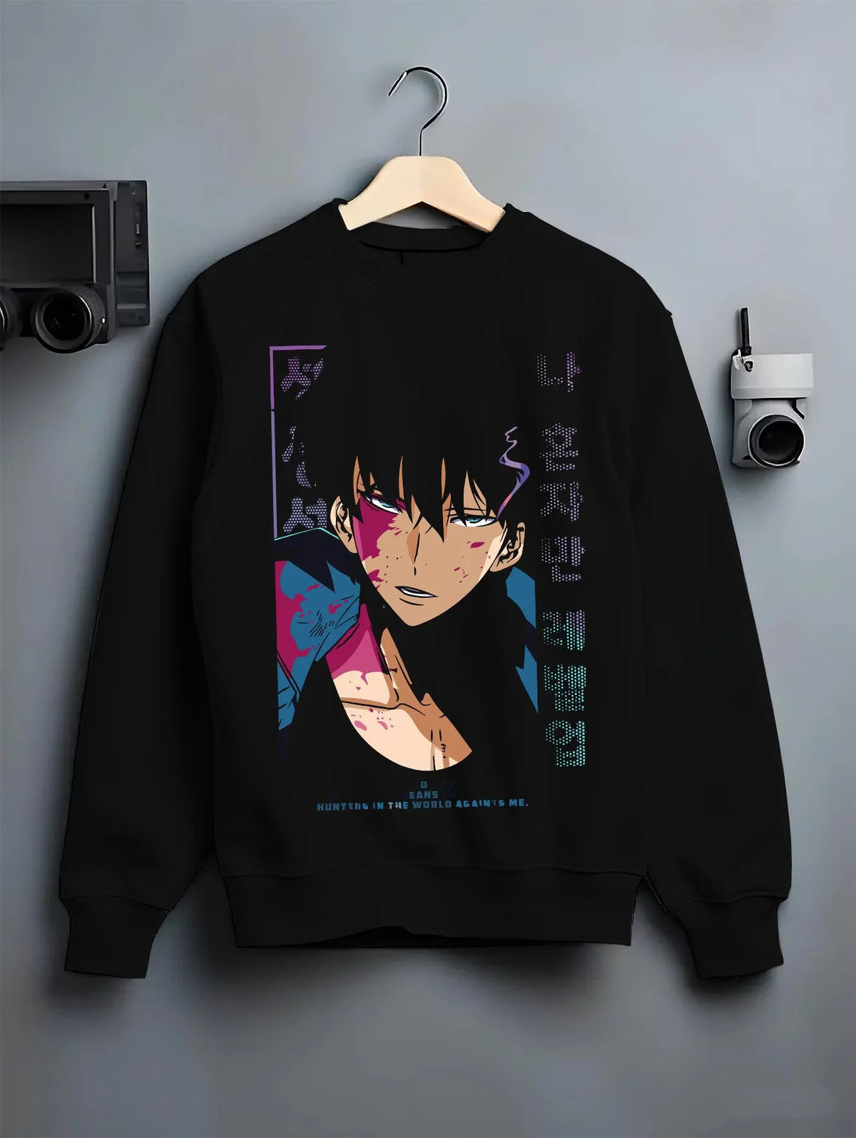 Black crewneck sweatshirt on hanger featuring Mob Psycho 100 Shigeo Kageyama psychic energy artwork.