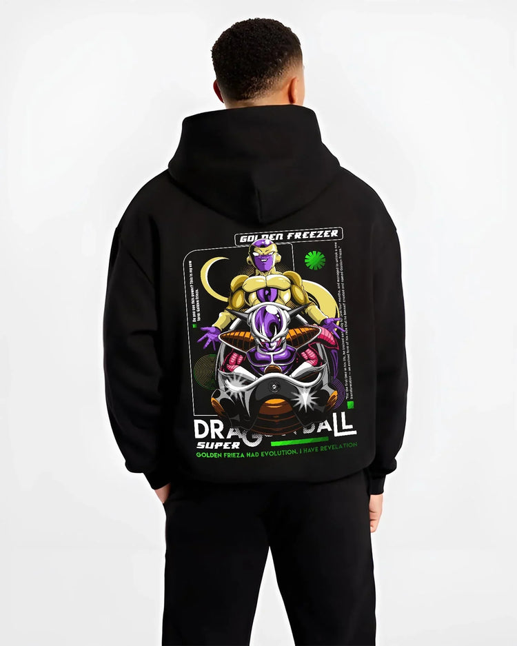 Black hoodie worn by male model, back view with Dragon Ball Z Hoodie Golden Frieza Power Jumper graphic Frieza anime design.