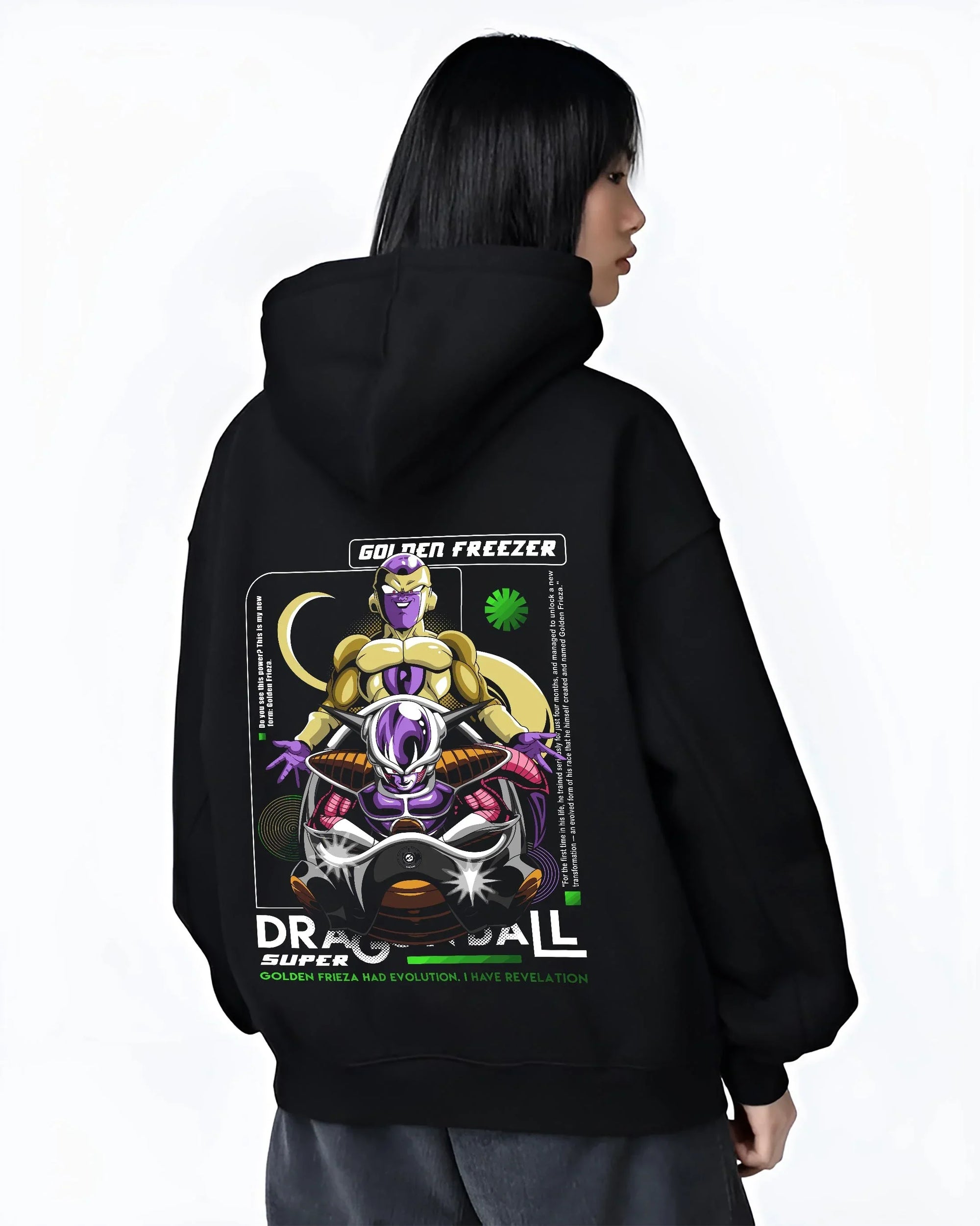 Black hoodie worn by female model, back view with Dragon Ball Z Hoodie Golden Frieza Power Jumper graphic premium wear.