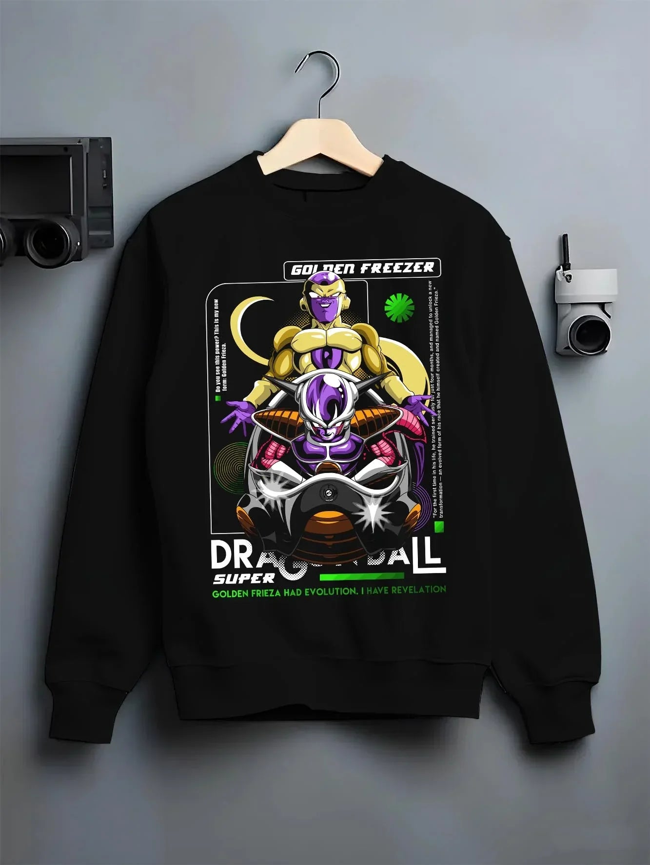 Black crewneck sweatshirt on hanger with Dragon Ball Z Hoodie Golden Frieza Power Jumper graphic streetwear graphic.