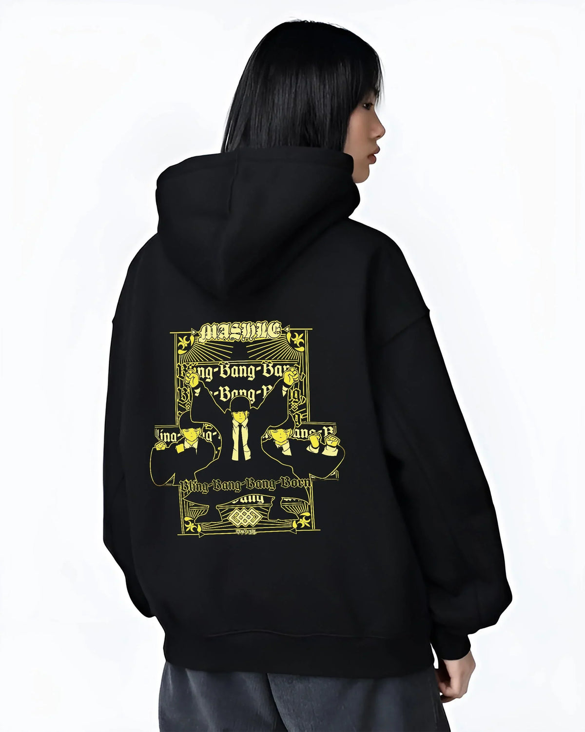 Black hoodie worn by female model, back view showcasing Mash Burnedead Mashle Bang Bang inspired artwork, anime poster inspired with bold retro streetwear touch.