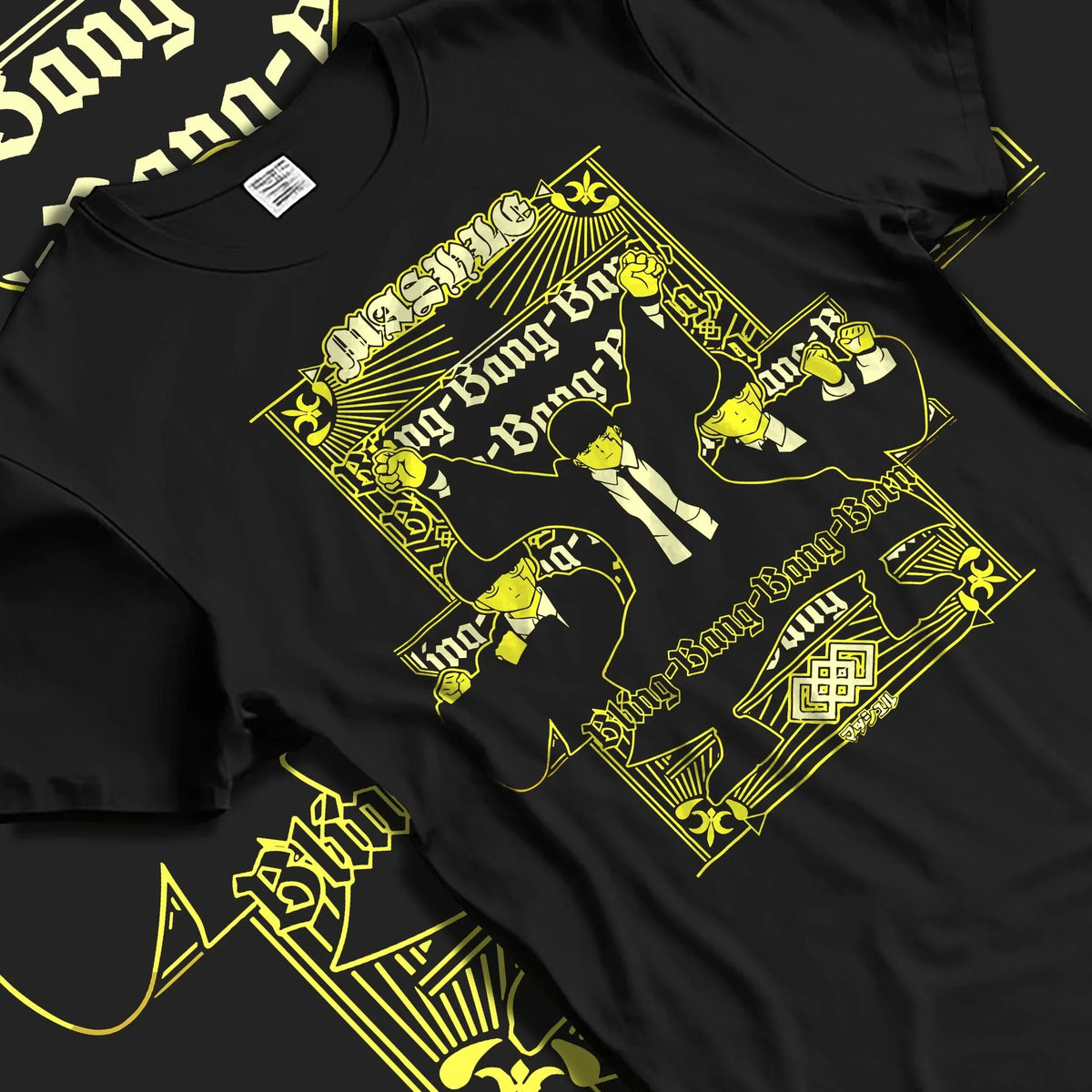 Black T-shirt laid flat with natural folds displaying Mash Burnedead Mashle Bang Bang artwork, arcade pixel graphic with premium Kunai anime streetwear.