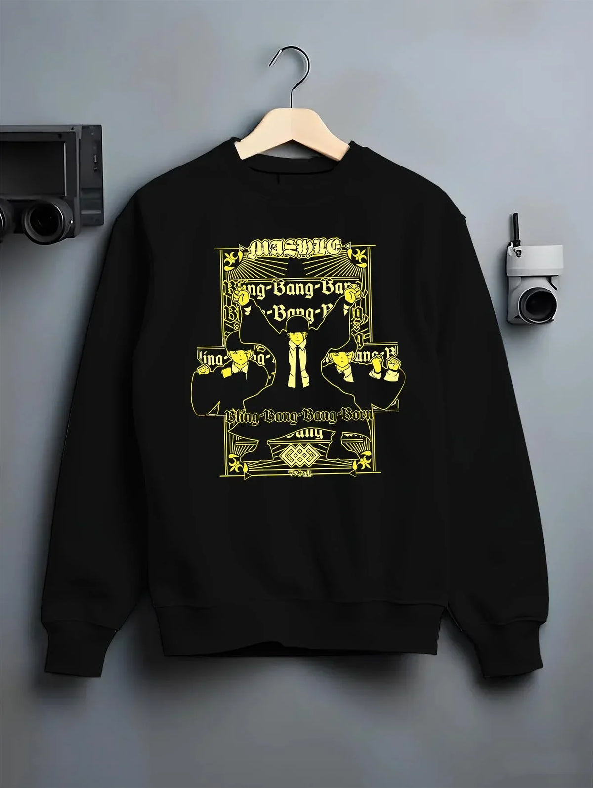 Black crewneck sweatshirt on hanger with Mash Burnedead Mashle anime poster inspired retro graphic, perfect for anime streetwear fans and collectors.