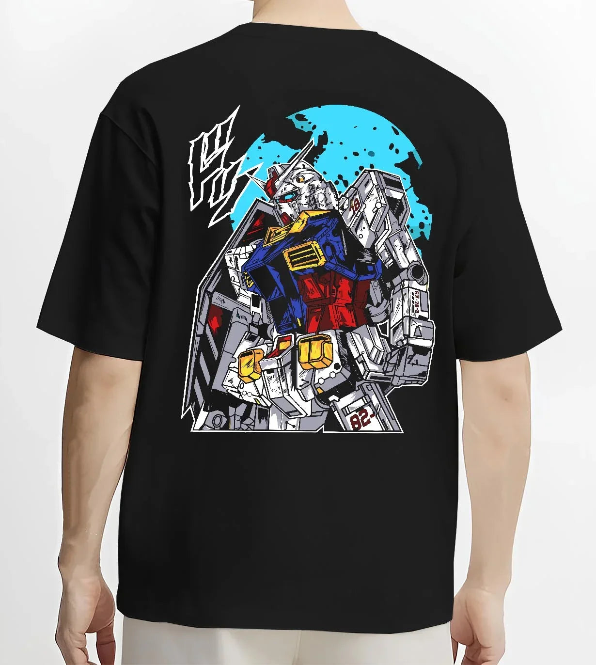 Black T-shirt worn by male model, back view with Gundam Hoodie RX-78 Battle Suit Heroic Jumper graphic bold anime graphic.