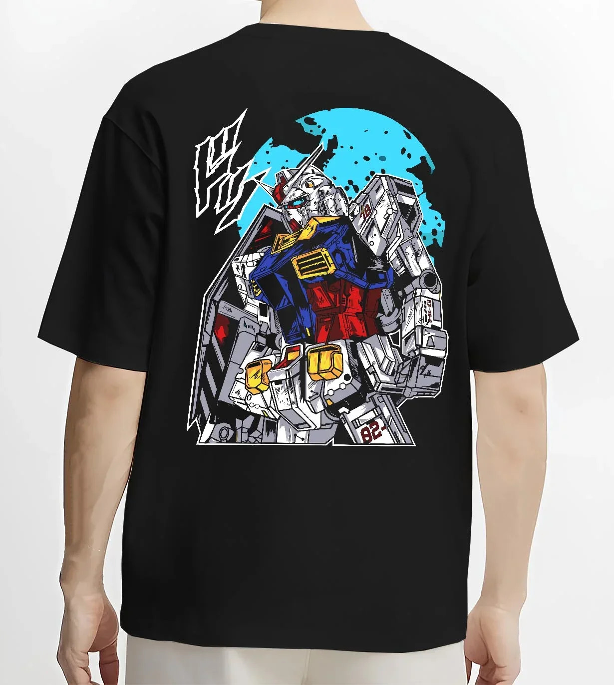 Black T-shirt worn by male model, back view with Gundam Hoodie RX-78 Battle Suit Heroic Jumper graphic bold anime graphic.