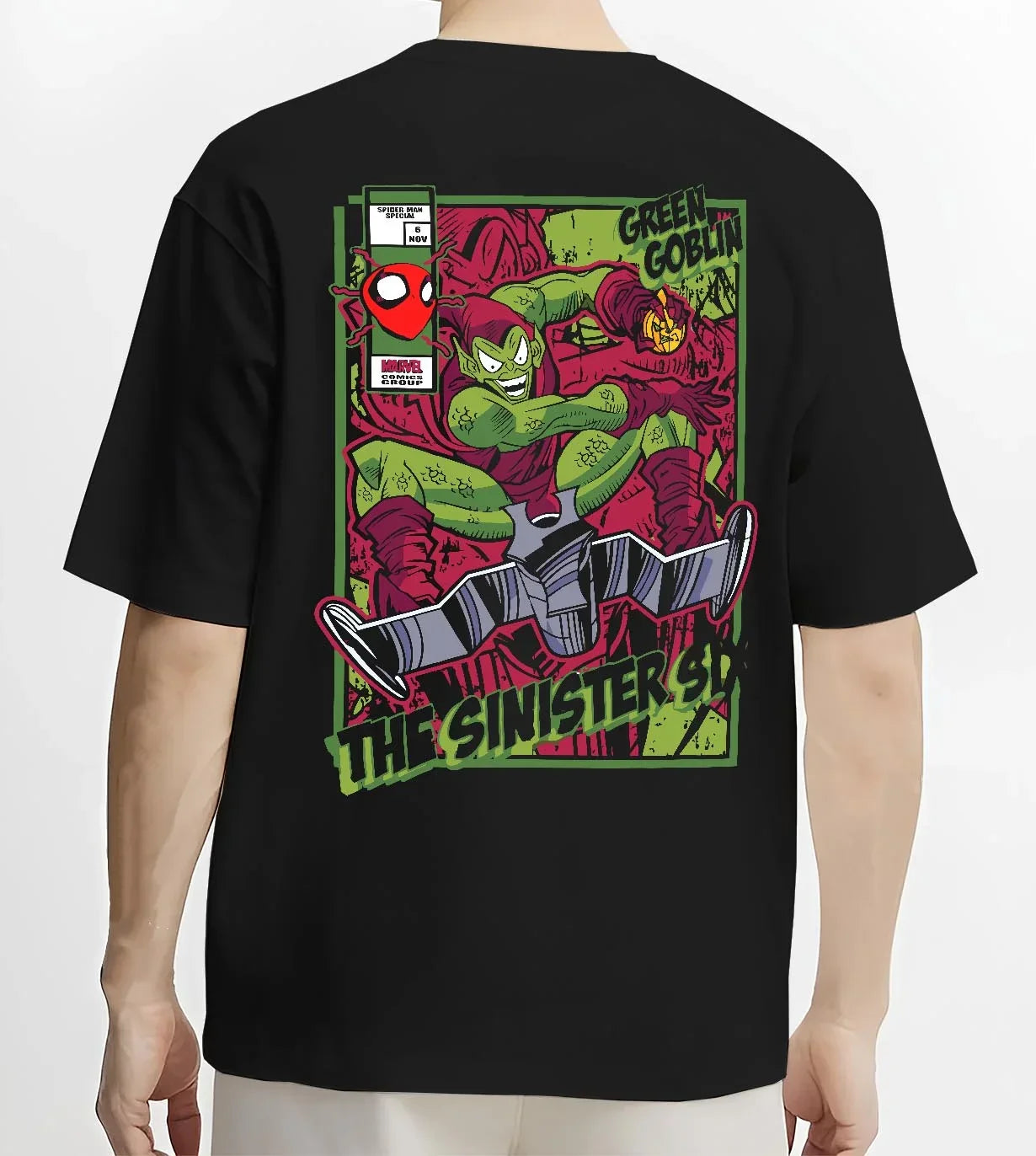 Black T-shirt worn by male model, back view with Green Goblin Hoodie Marvel Sinister Spider Villain graphic bold anime graphic.