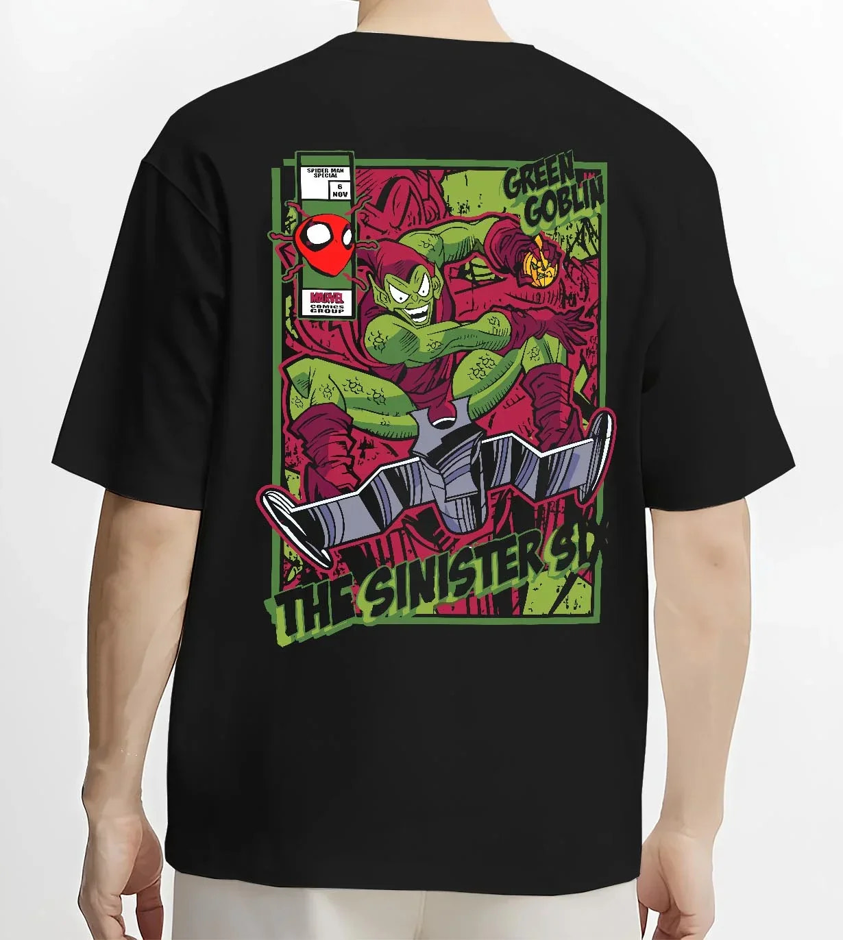 Black T-shirt worn by male model, back view with Green Goblin Hoodie Marvel Sinister Spider Villain graphic bold anime graphic.