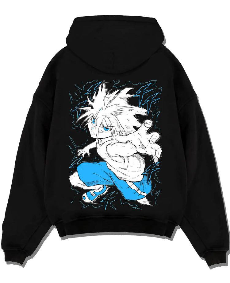 Black pullover hoodie laid flat with Hunter x Hunter Hoodie Killua Zoldyck Godspeed Jumper graphic bold anime graphic.