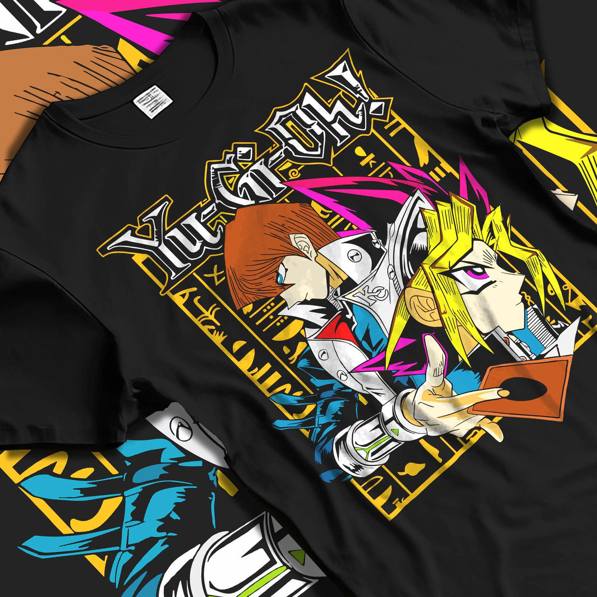 Black T-shirt laid flat with natural folds featuring Yu-Gi-Oh God Cards trio artwork.