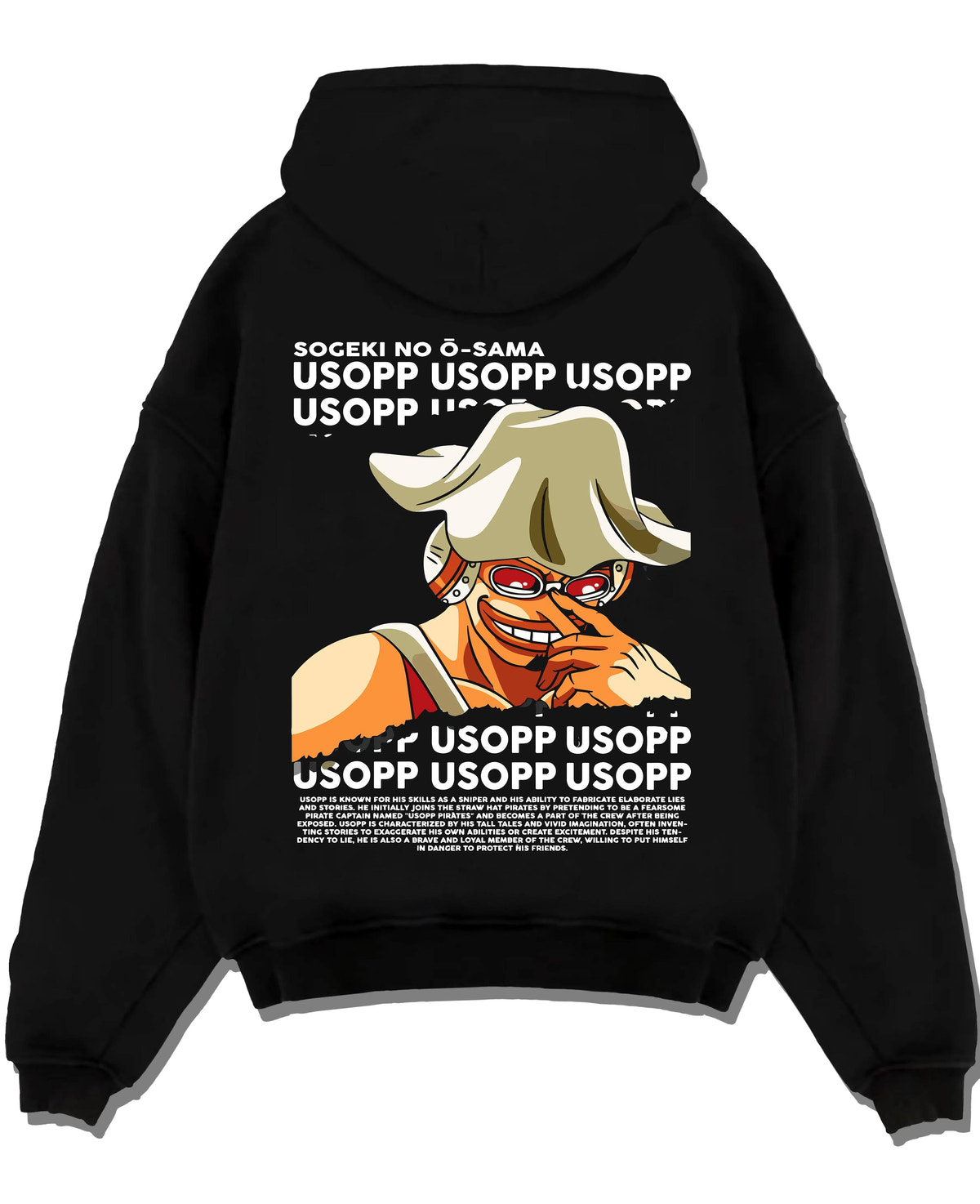 Black hoodie laid flat featuring God Usopp One Piece meme sniper artwork.