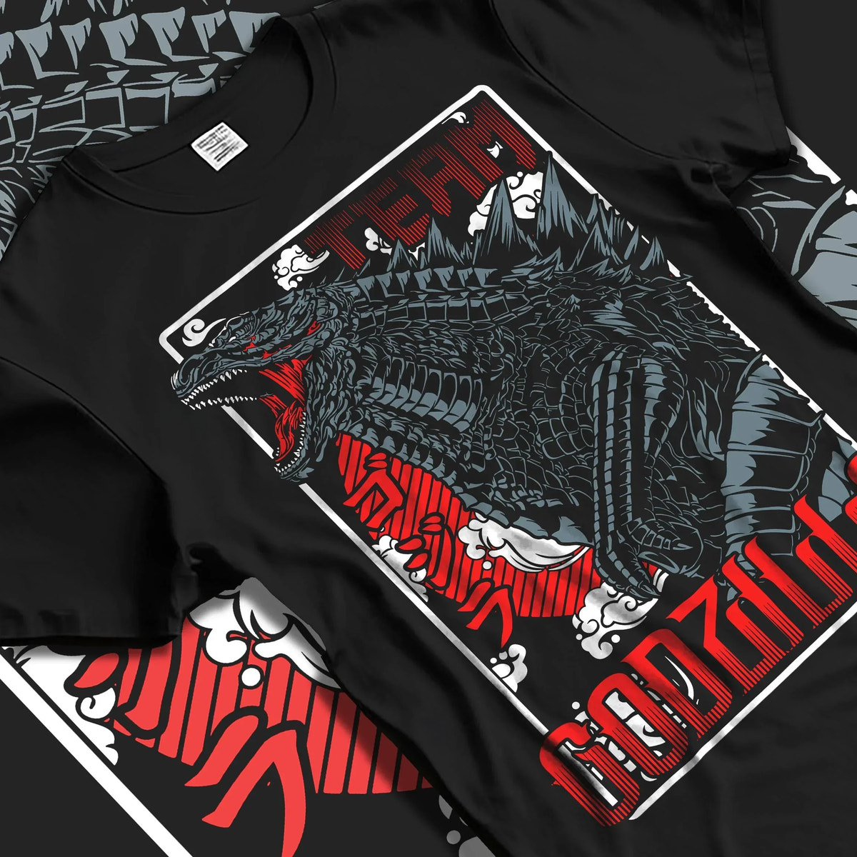 Black T-shirt laid flat with natural folds with Godzilla Hoodie King of Monsters Anime Jumper graphic streetwear graphic.
