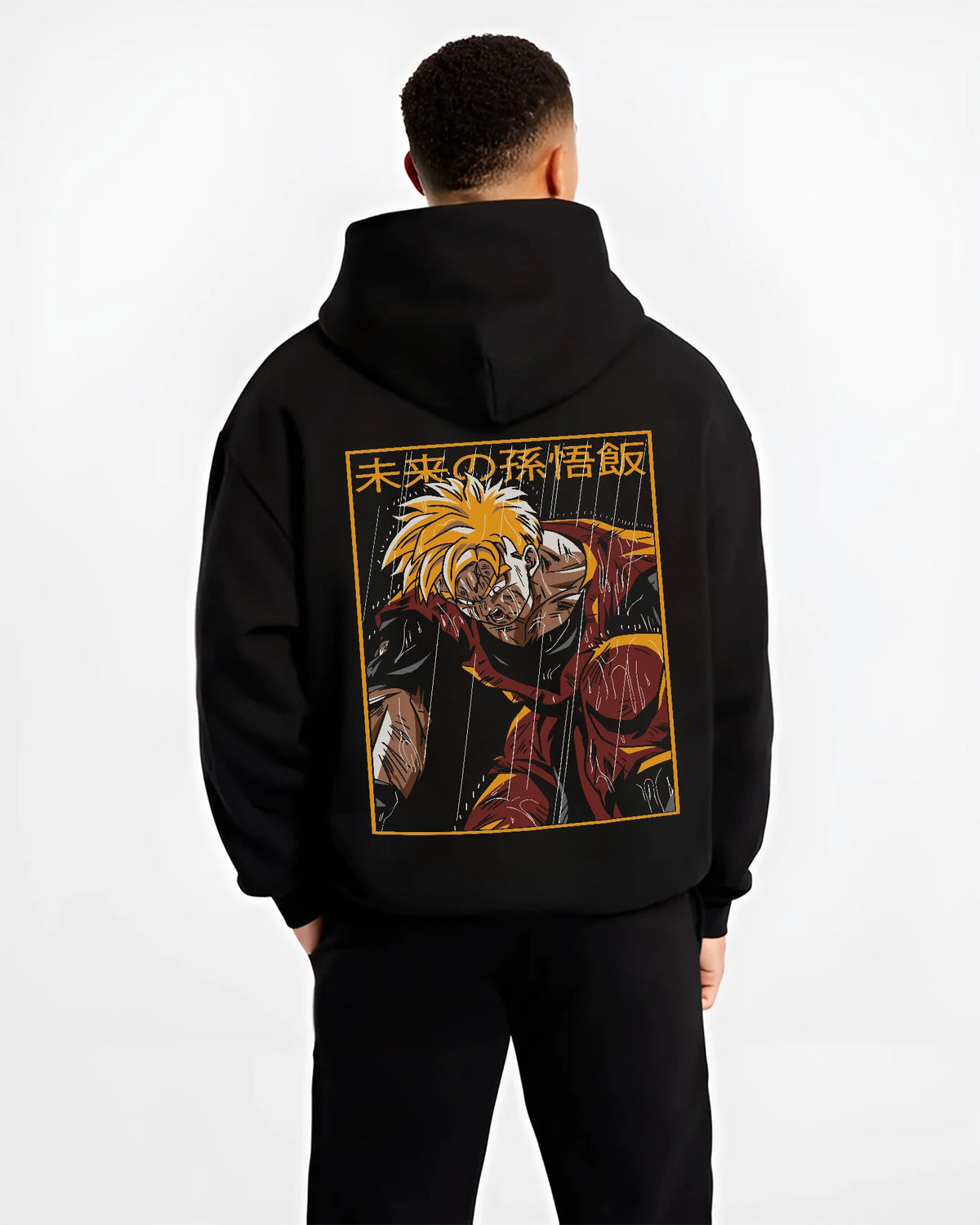 Black hoodie model back view showing Future Gohan from Dragon Ball: Super Saiyan