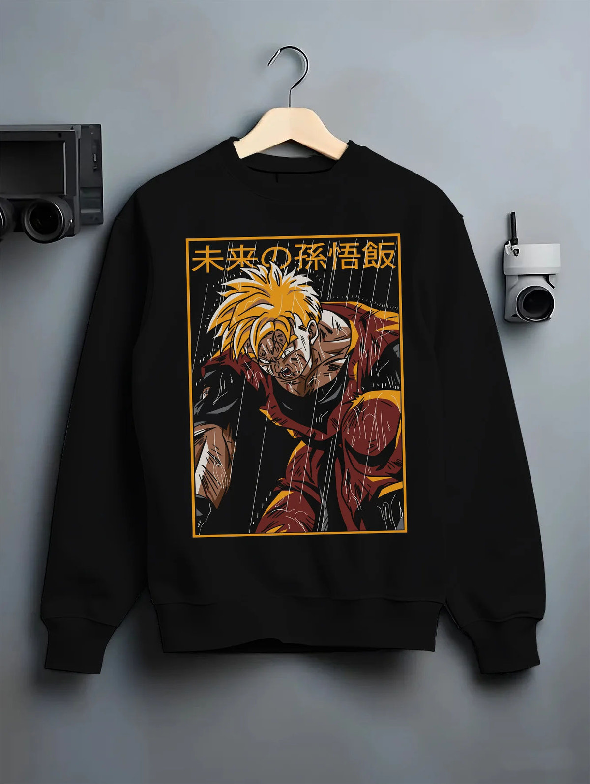 Black crewneck sweatshirt on hanger showing Future Gohan from Dragon Ball: Super Saiyan
