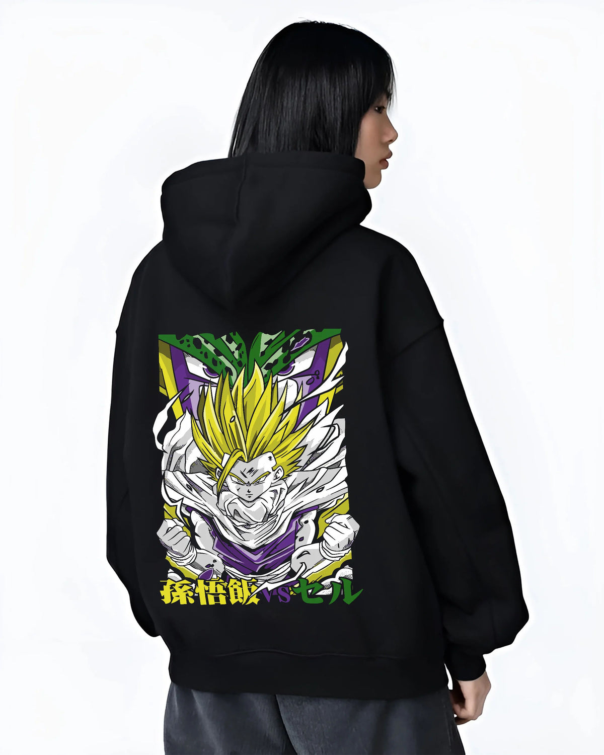 Black hoodie female model back view with Gohan Super Saiyan transformation from Dragon Ball illustrated back graphic