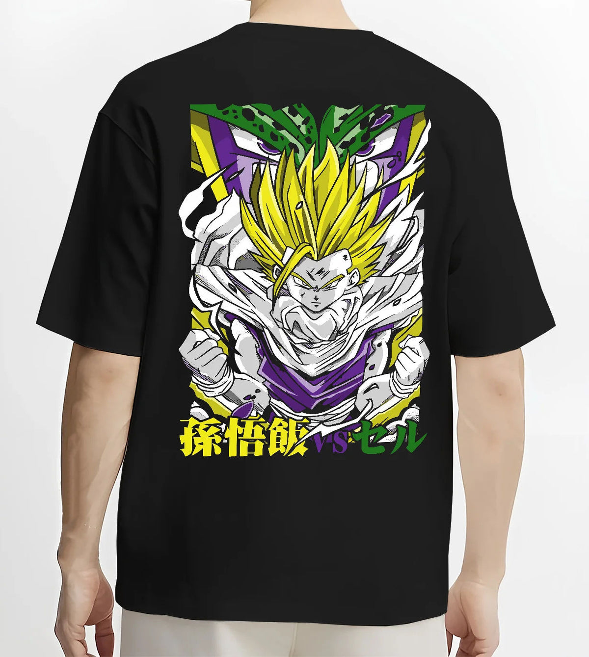 Black T-shirt model back view with Gohan Super Saiyan transformation from Dragon Ball illustrated back graphic