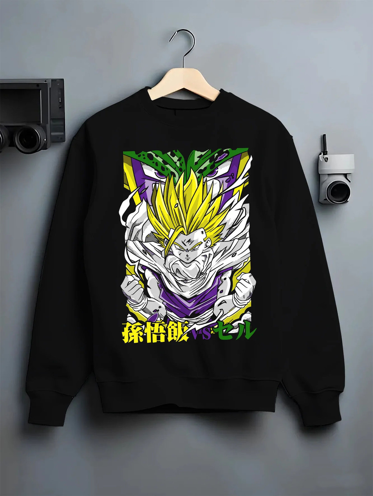 Black crewneck sweatshirt on hanger with Gohan Super Saiyan transformation from Dragon Ball illustrated back graphic