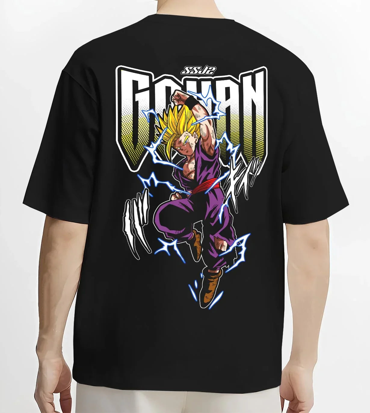 Black T-shirt worn by male model, back view with Dragon Ball Z Hoodie Gohan Super Saiyan Power Jumper graphic bold anime graphic.