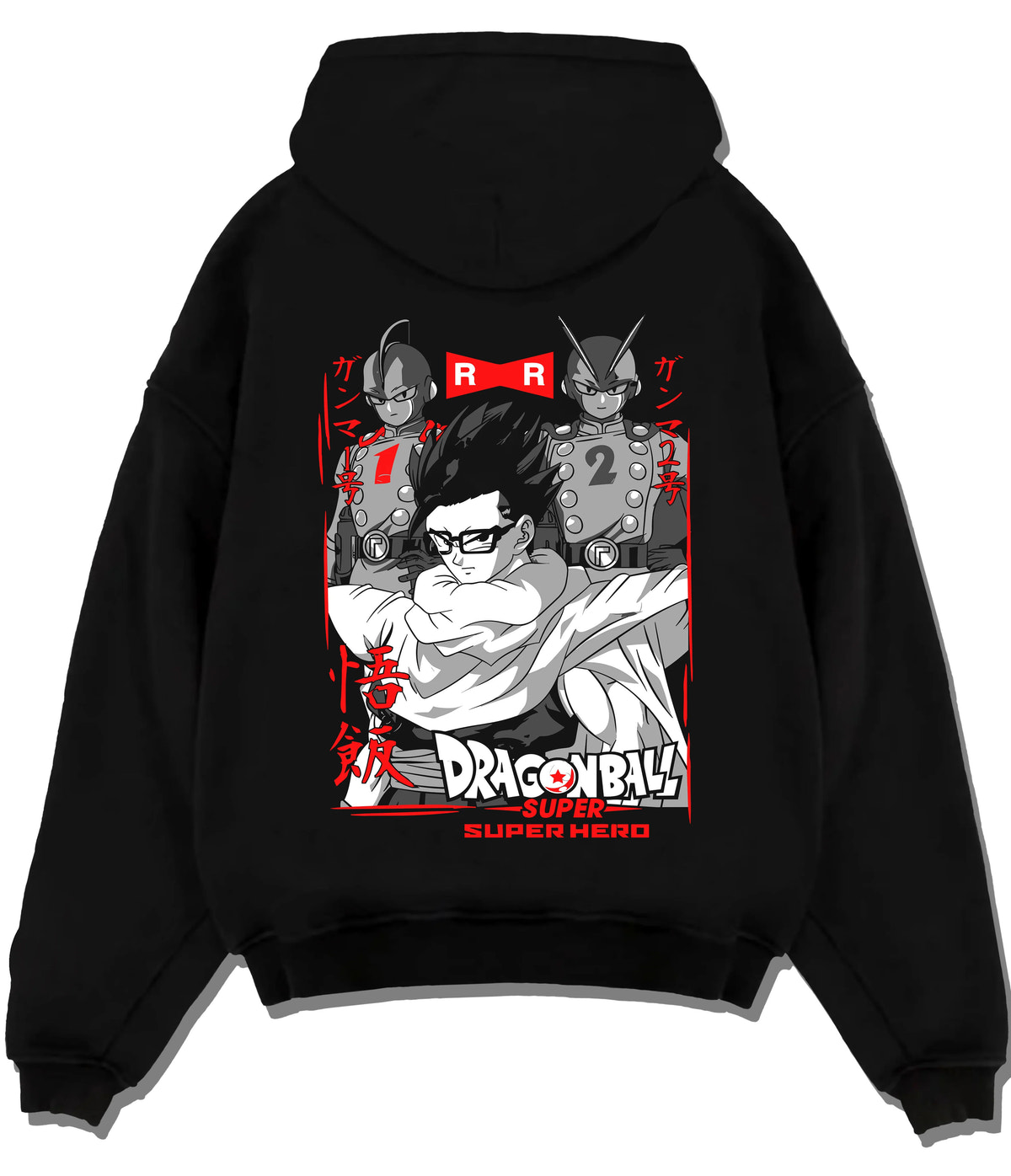 Black hoodie flat back view with Son Gohan / Dragon Ball Z and Super montage illustrated back graphic