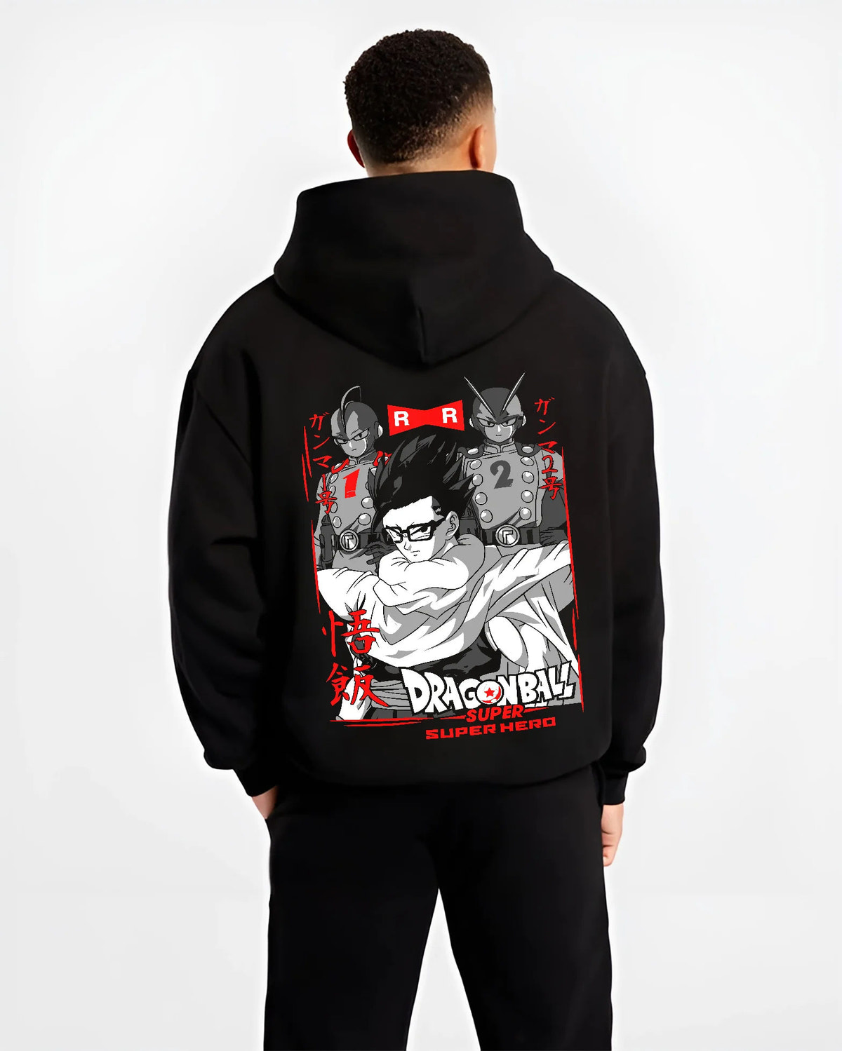 Black hoodie model back view with Son Gohan / Dragon Ball Z and Super montage illustrated back graphic