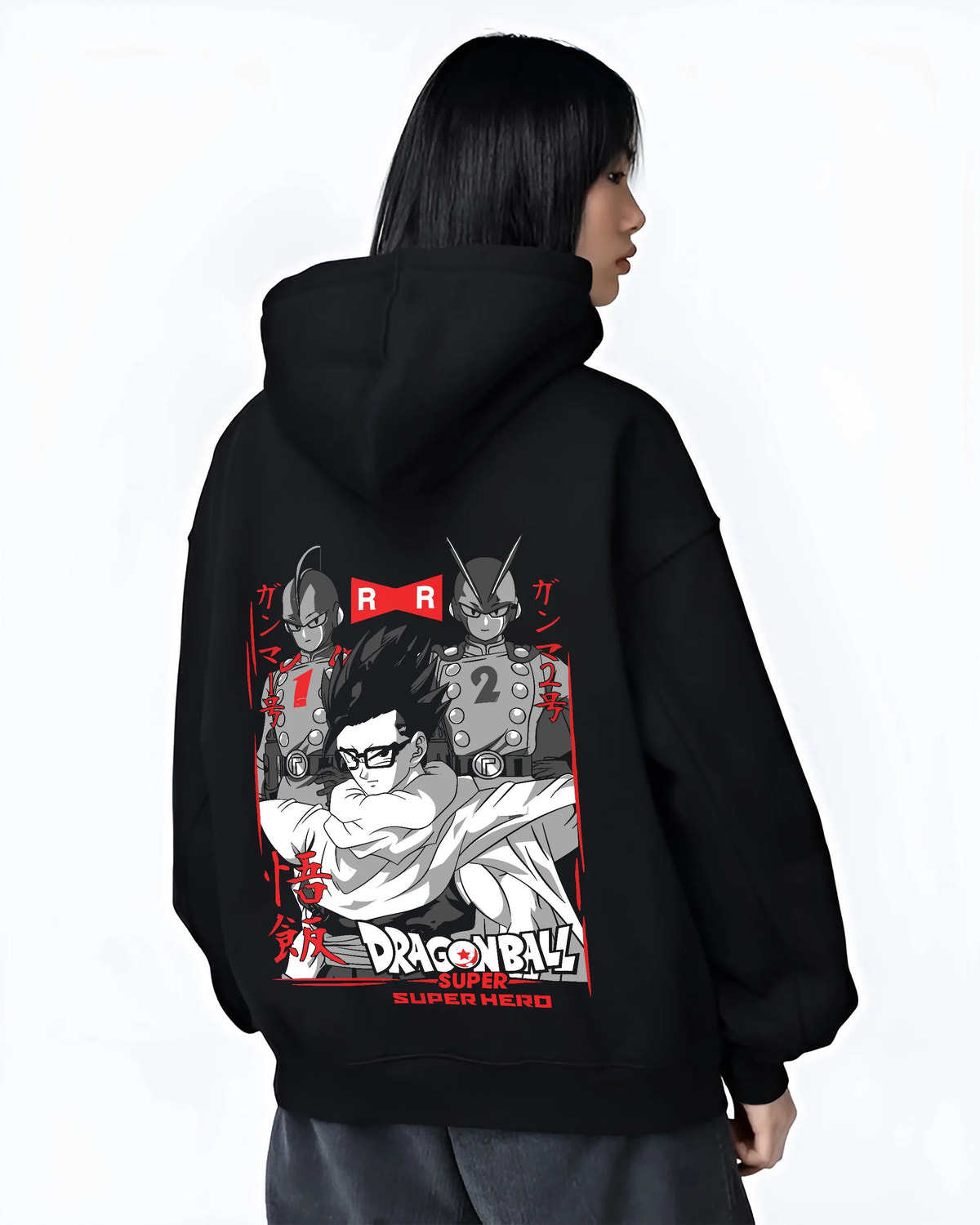 Black hoodie female model back view with Son Gohan / Dragon Ball Z and Super montage illustrated back graphic